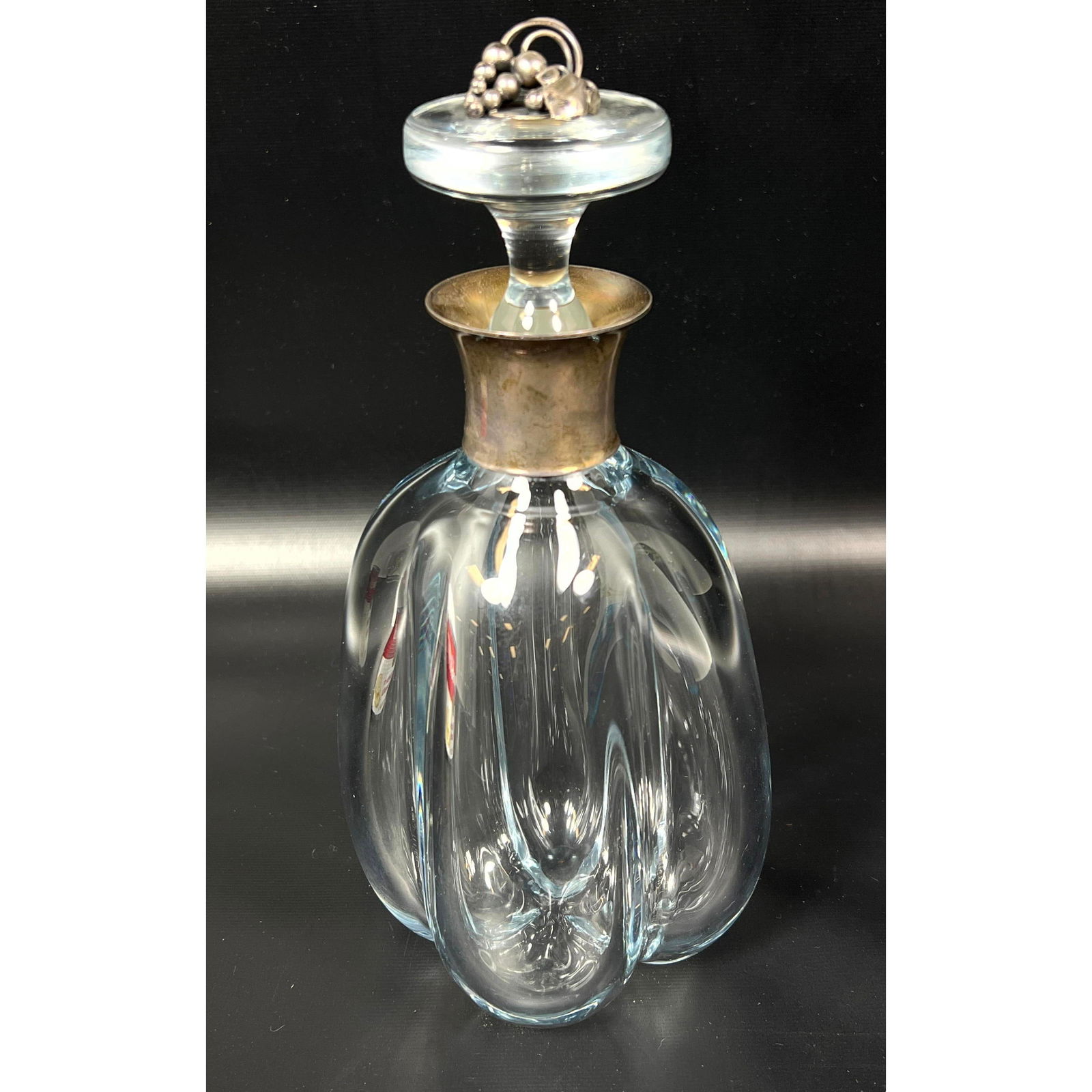 Crystal Stoppered Perfume Bottle. Danish Sterling Rim and Finial. Four lobed crystal bottle has engr (1 of 9)