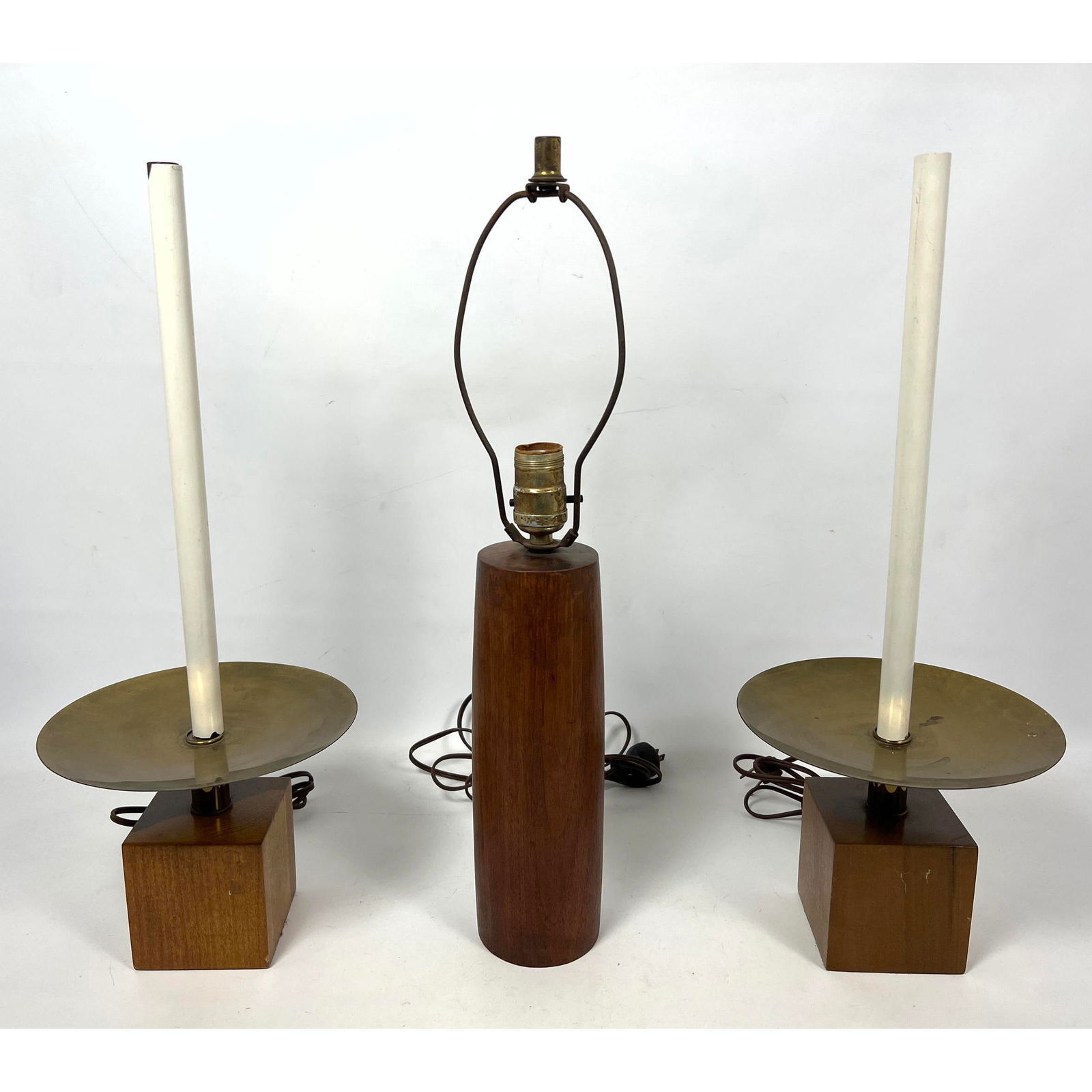 3pc American Modernist Walnut Brass Lamps. Pr Walnut cubes with wide brass saucers and candle form s (1 of 13)