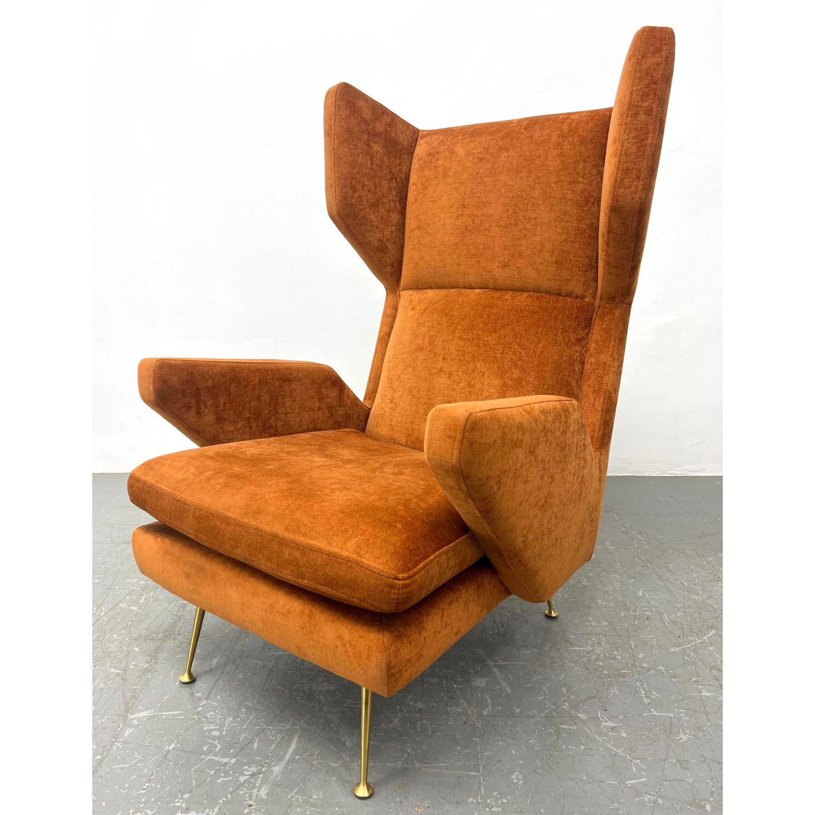 Gio Ponti style orange wing back chair. Modernist Lounge Chair with Tall Back. WEST ELM Label. (1 of 10)