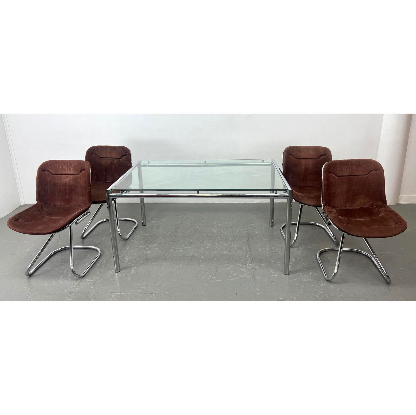 1970s Italian Mid Century Modern Dining Set. C250hrome glass and upholstered dining set (1 of 17)