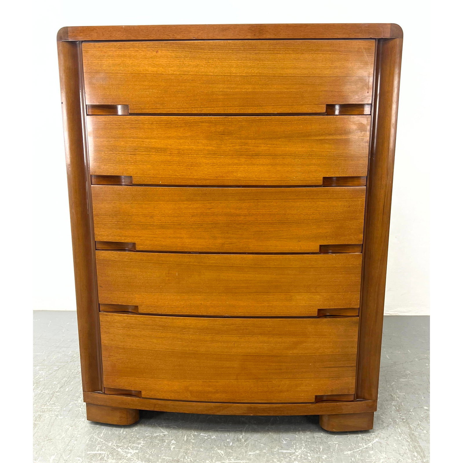 American Modern Walnut Tall Dresser. Art Deco Bow Front. Lower drawer has cedar lining and lid.: American Modern Walnut Tall Dresser. Art Deco Bow Front. Lower drawer has cedar lining and lid. Dimensions: Height: 50 inches, Width: 38.25 inches, Depth: 21.5 inches. ---