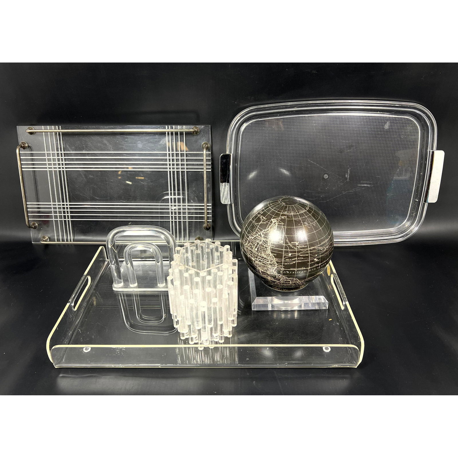 Mid Century Modern Design Lucite Group Lot. Serving Trays. World globe on Lucite stand. Single Booke (1 of 19)