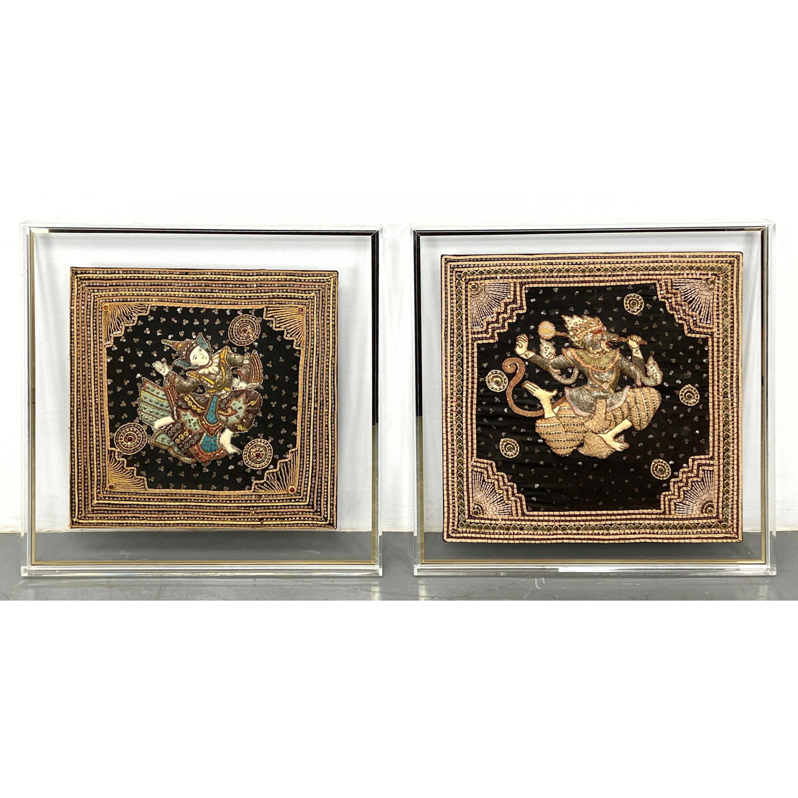 Pr Embroidered Sequined Asian Fabric Panels. Figural. Lucite and Chrome Frames. (1 of 10)