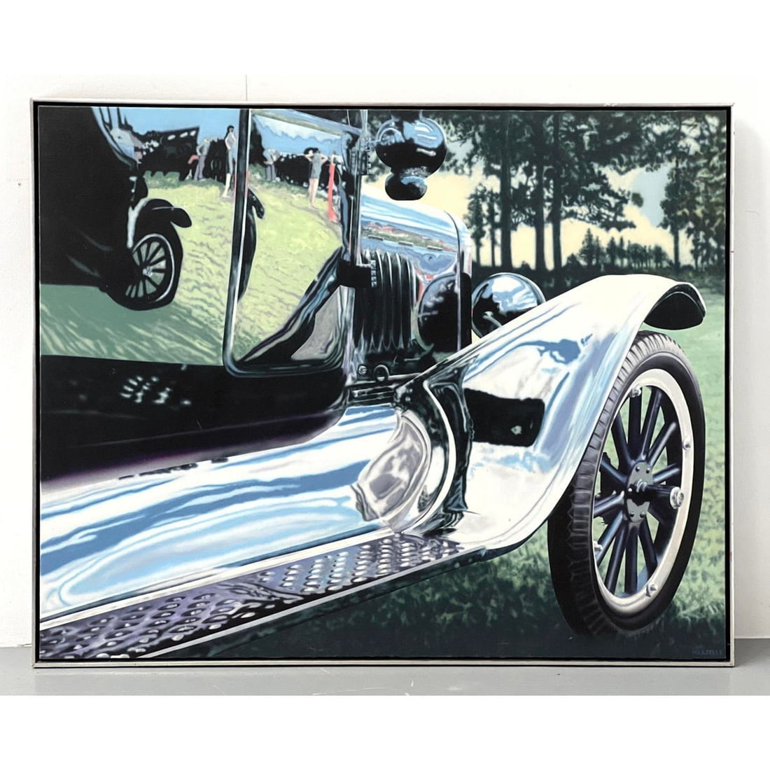 Large CLARENCE MEASELLE 1979 acrylic on canvas Shiny Antique cars. Signed. Note size. Vintage Landsc (1 of 12)