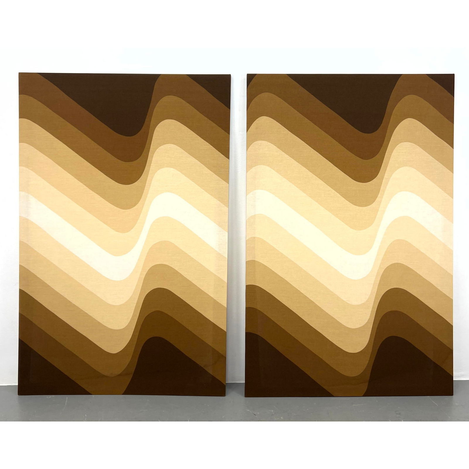 2pc Panton style fabric wall hanging panels on frame. Brown. Printed in Finland 1978 (1 of 12)