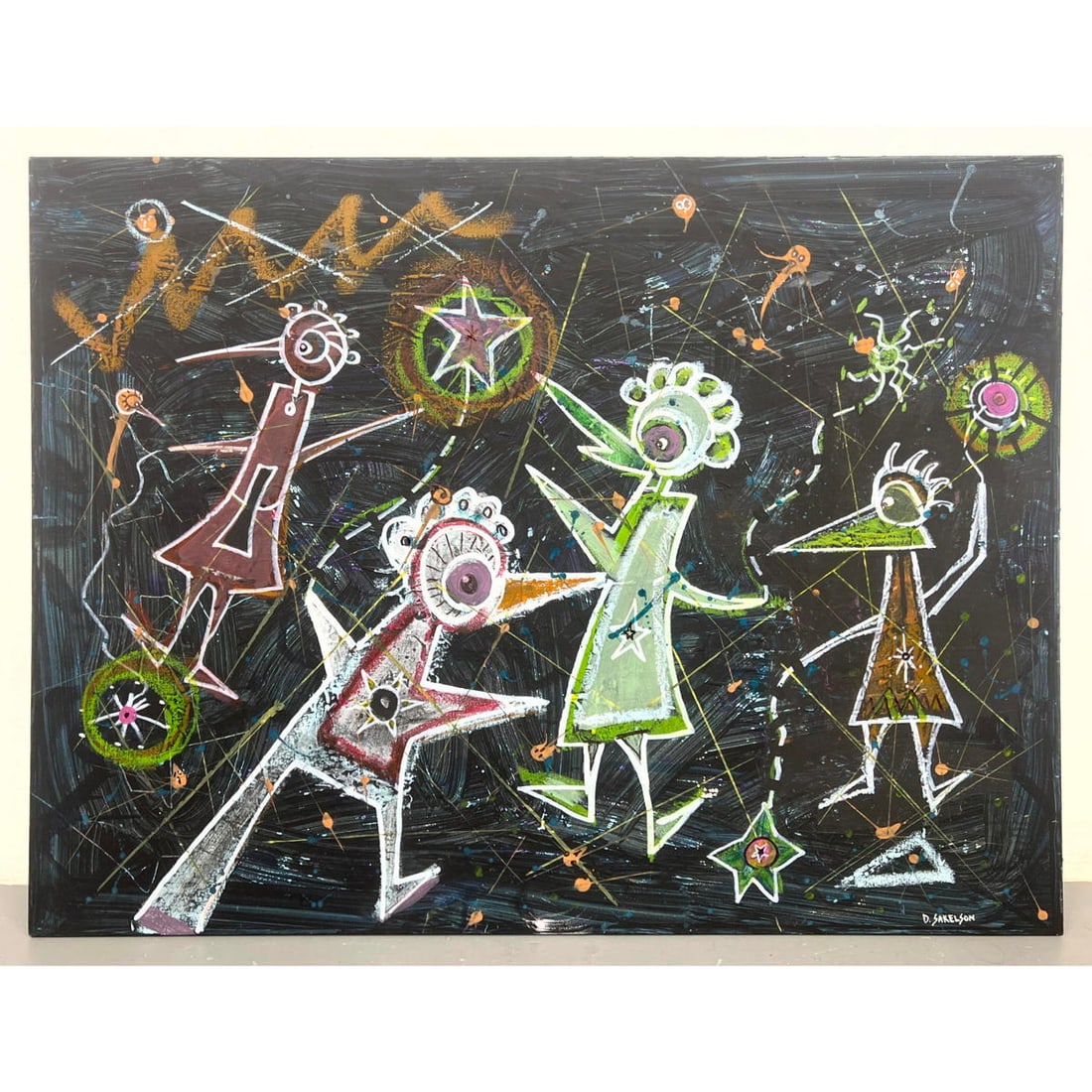 DENNIS SAKELSON Modernist Figural Painting. Bird like figures with big eyes and fancy heads. Canvas. (1 of 13)