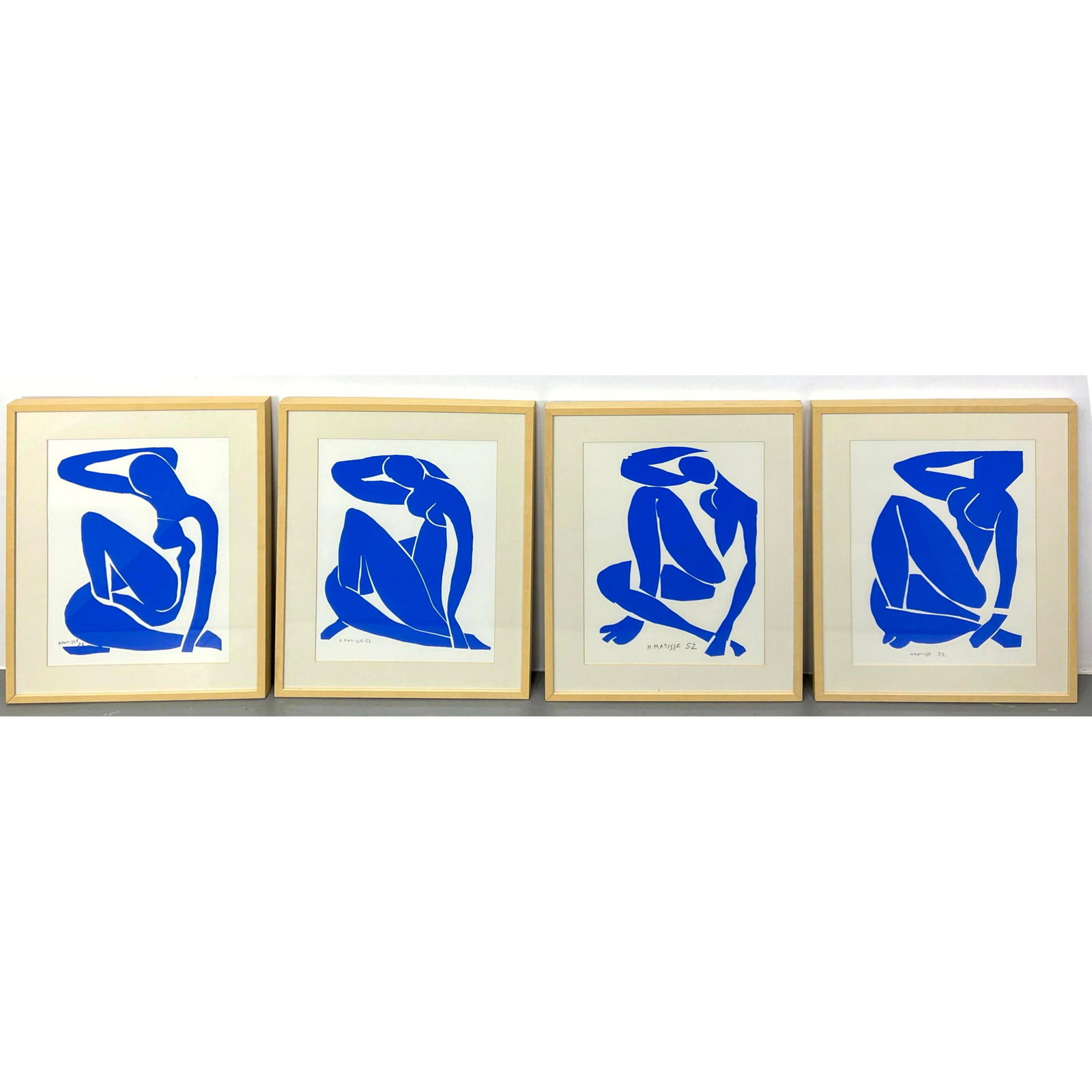 4pc After H. Matisse 52 lithograph. Blue Female Nude Silhouettes.: 4pc After H. Matisse 52 lithograph. Blue Female Nude Silhouettes. Dimensions: Frame Height: 30 inches, Frame Width: 24 inches. - Image Size: Image Height: 23 inches, Image Width: 17 inches. --- US Pac