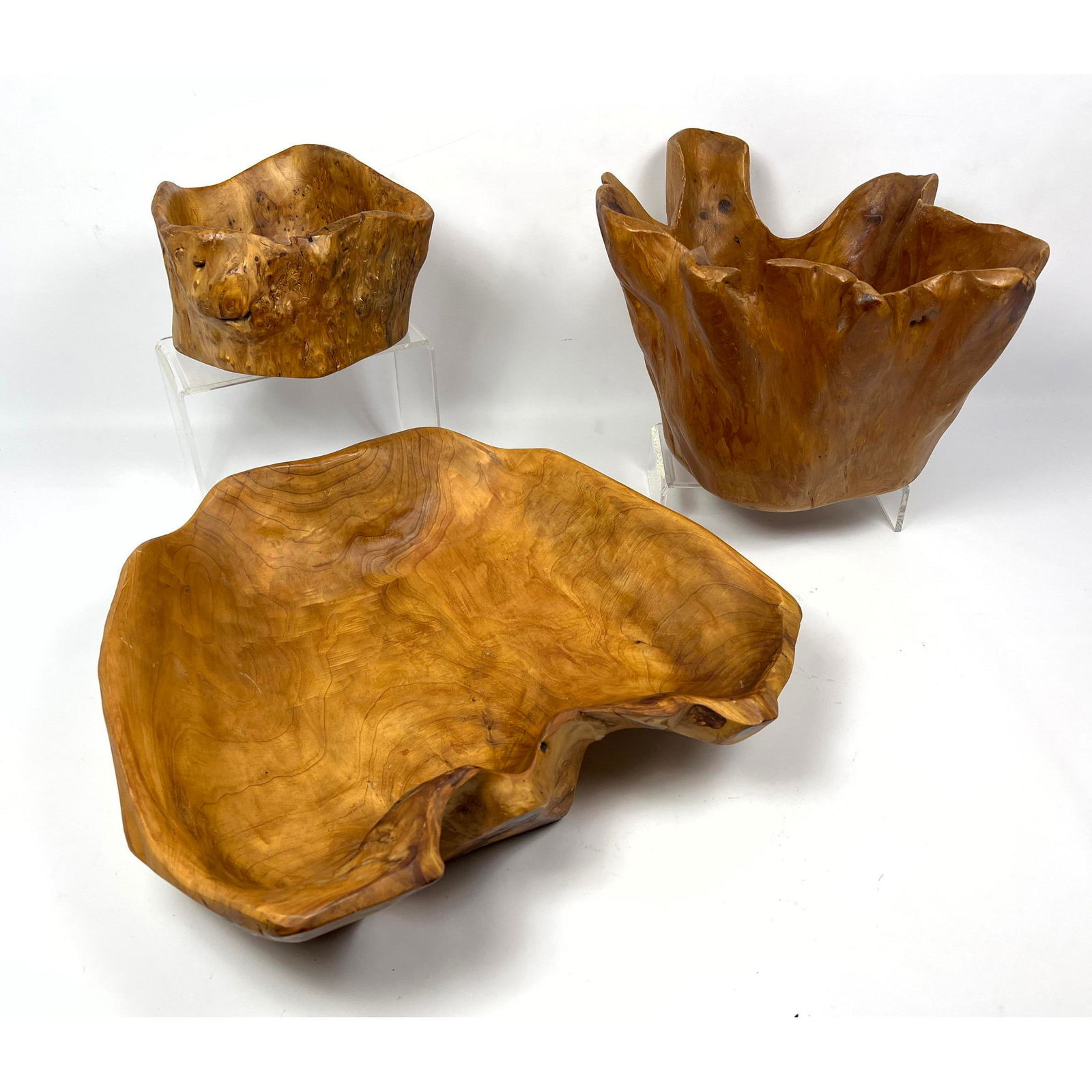 3pc hand turned Burl wood bowls. Small one signed CON. (1 of 14)