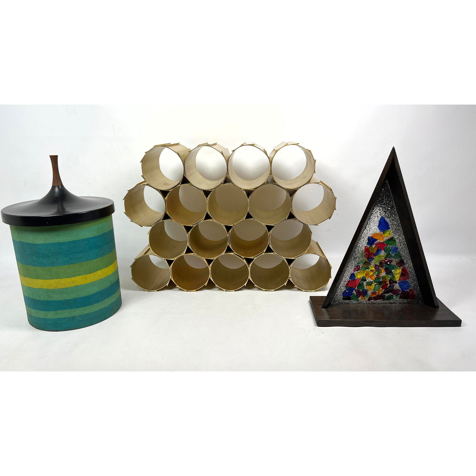 3pc Modern Design Collection. 1). LAURIDS LONBORG Denmark Danish Modern Modern Ice Bucket. 2). Mid C: 3pc Modern Design Collection. 1). LAURIDS LONBORG Denmark Danish Modern Modern Ice Bucket. 2). Mid Century Modern Church/Steeple Christmas Lamp. 3). Alcoa Style Gold Anodized Extruded Aluminum Wine Ra