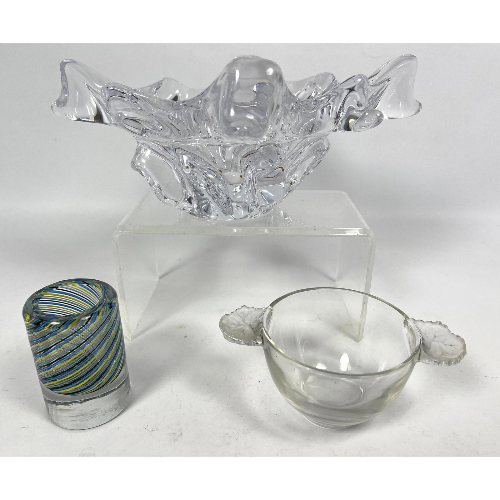 3pc glass Collection. Venini Murano small Glass toothpick holder. Rene Lalique Signed Bowl. and Abst (1 of 15)