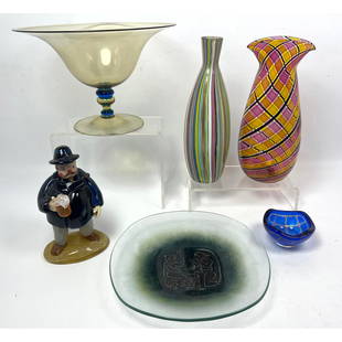 6pc Modernist Glassware. Zecchin Murano Italy Art Glass Footed Bowl. Italian Art Glass Venetian Vase: 6pc Modernist Glassware. Zecchin Murano Italy Art Glass Footed Bowl. Italian Art Glass Venetian Vases. Czechoslovakian Glass Figurine. Orrefors Graal Bowl. Maurice Heaton Fused Glass Plate. 