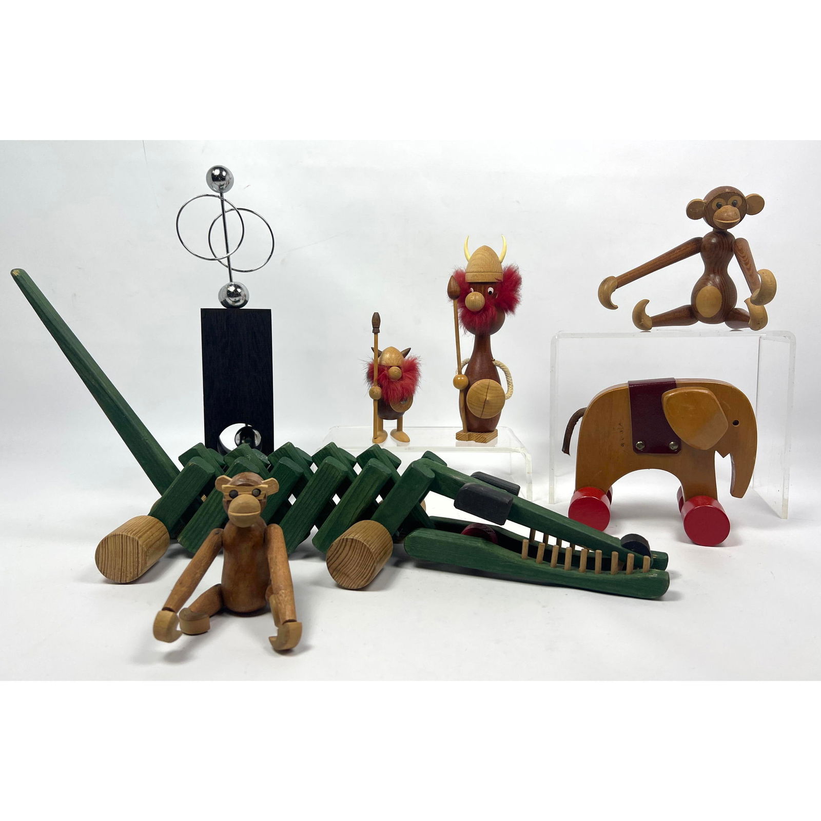 Mid Century Mostly Wood Toys Lot. Painted wood alligator. Jointed monkeys. MYS Elephant pull toy. 2 (1 of 19)