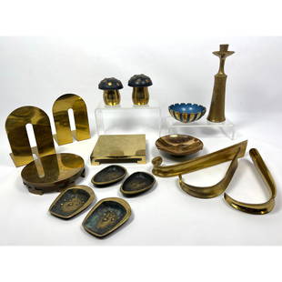 Modernist Metal Shelf Lot. Brass Decorative Accessories. Austrian Mushroom Boxes. Bronze/Brass Ashtr: Modernist Metal Shelf Lot. Brass Decorative Accessories. Austrian Mushroom Boxes. Bronze/Brass Ashtrays. Book Ends. Virginia Metal Crafters Shoehorns. Asian Platform Stands. Dansk Candle Holder 