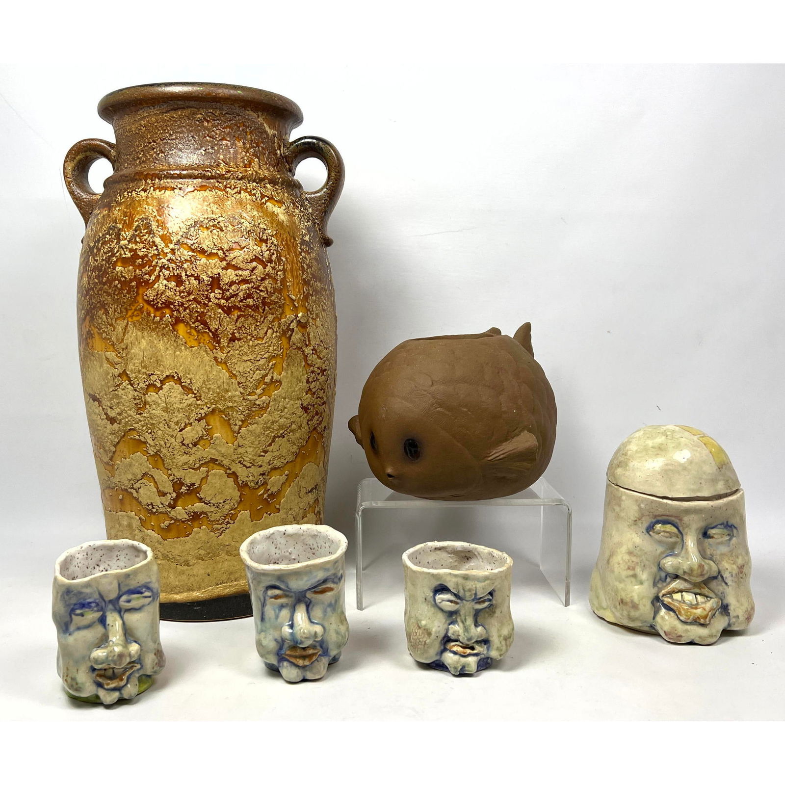 6pc Ceramic modern Lot. Mostly figural. Tall 18" Handled glazed Vase. Face Jars and Lidded Box. Fish (1 of 18)