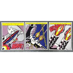 3pc ROY LICHTENSTEIN Serigraph Print Posters. Comic style with Rockets. "As I Opened Fire, I knew wh: 3pc ROY LICHTENSTEIN Serigraph Print Posters. Comic style with Rockets. "As I Opened Fire, I knew why Tex hadn't Buzzed Me. If He Had" ; "The Enemy Would Have Been Warned" ; "That I Was Below Them".