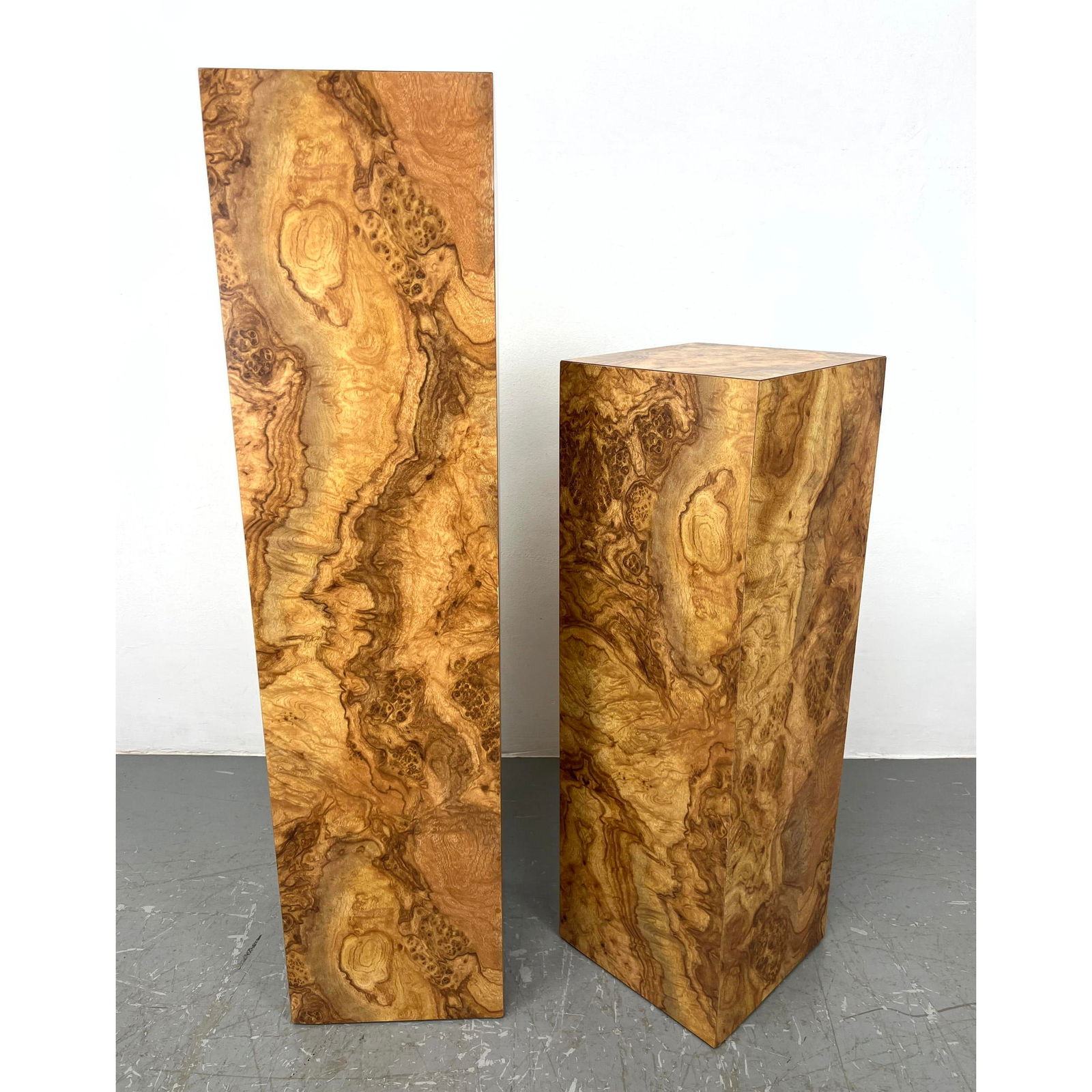 2pc Faux Burl Wood Tall Display Pedestals. Laminate surface. Different heights. (1 of 13)