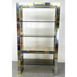 Signed Paul Evans City scape Etagere Shelf Unit. Gray glass shelves. Brass and Chrome.: Signed Paul Evans City scape Etagere Shelf Unit. Gray glass shelves. Brass and Chrome. Dimensions: Height: 84.5 inches, Width: 48 inches, Depth: 17 inches. --- We offer curbside delivery to NYC, Manha