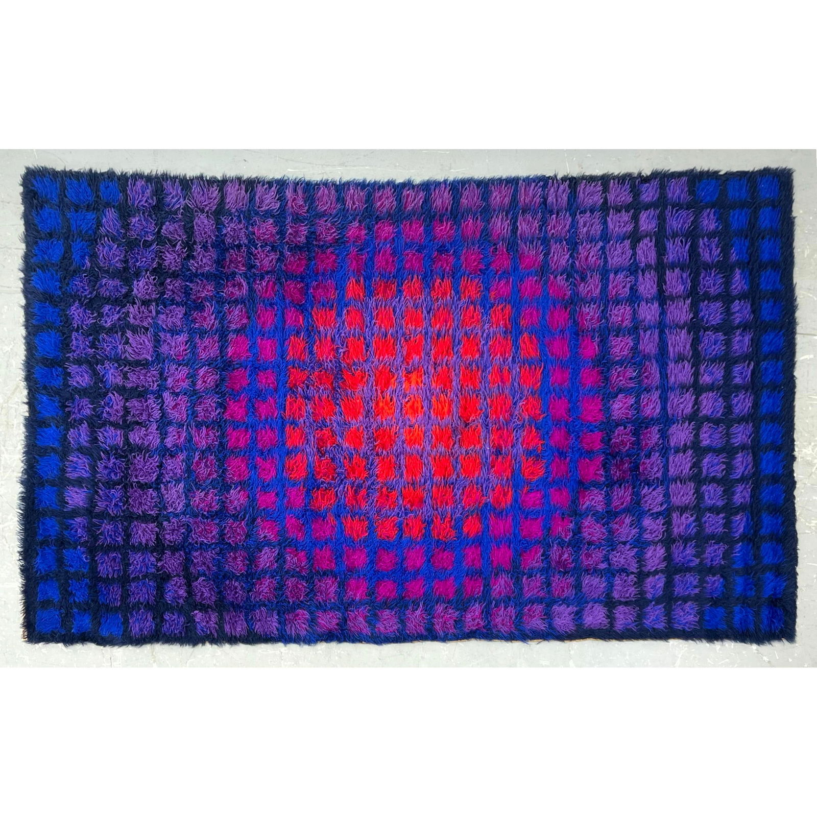 4'6" x 7'5" Op Art carpet. After Victor Vasarely. Blue, Purple, Pink and Red Palette with Black Grid (1 of 8)