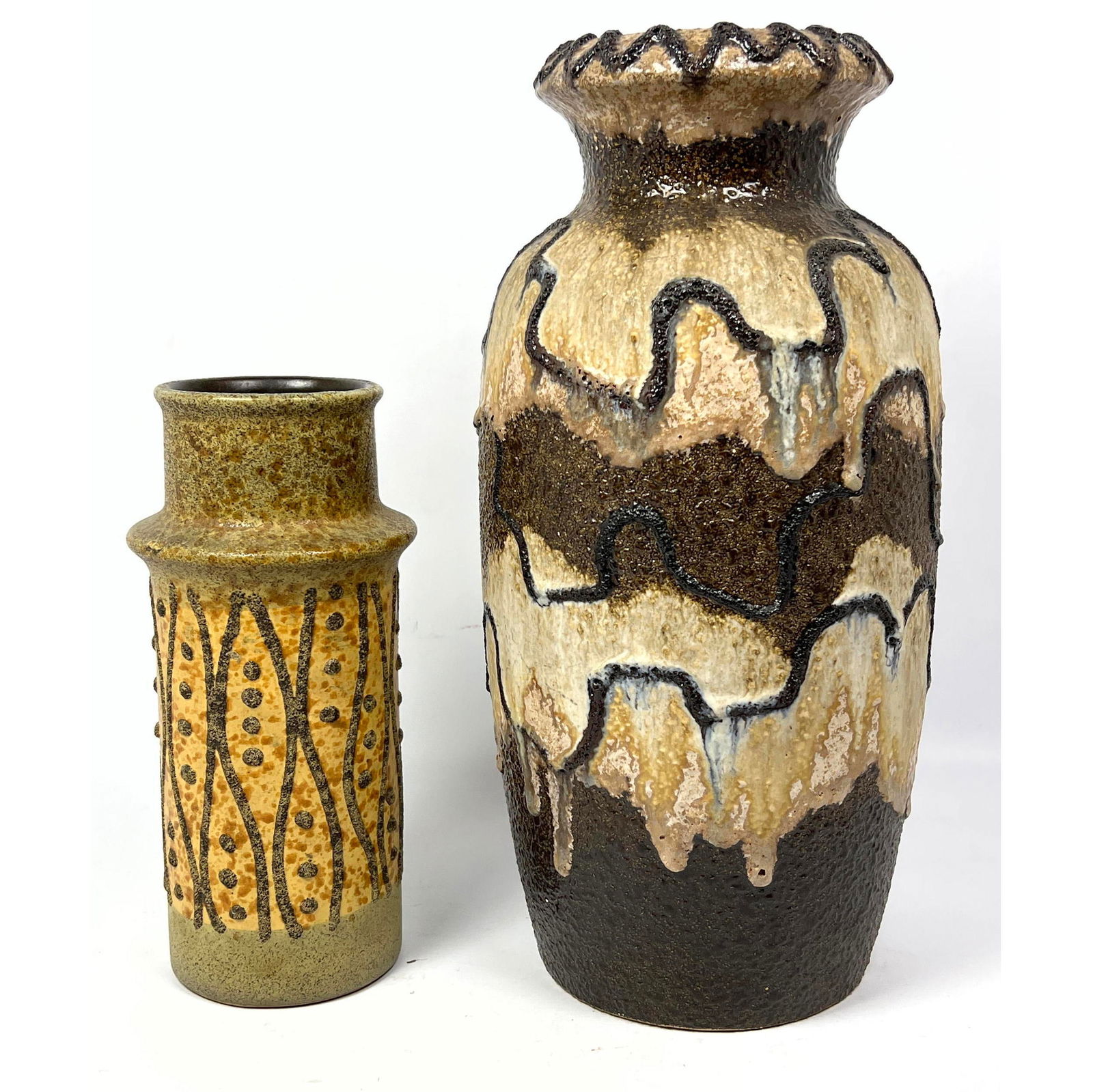 2pcs West Germany Pottery Vases. Scheurich Keramik: 2pcs West Germany Pottery Vases. Scheurich Keramik Dimensions: Height: 15 inches, Width: 7 inches, Depth: 7 inches. - Additional Dimensions: Smaller H: 10 inches --- US Packing and Shipping charge: In