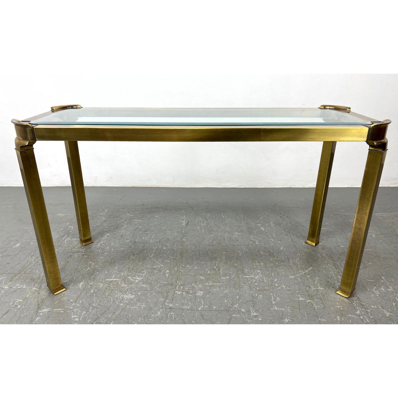 MASTERCRAFT Brass Console Sofa Table. Brass frame with inset glass. Not Marked. (1 of 7)