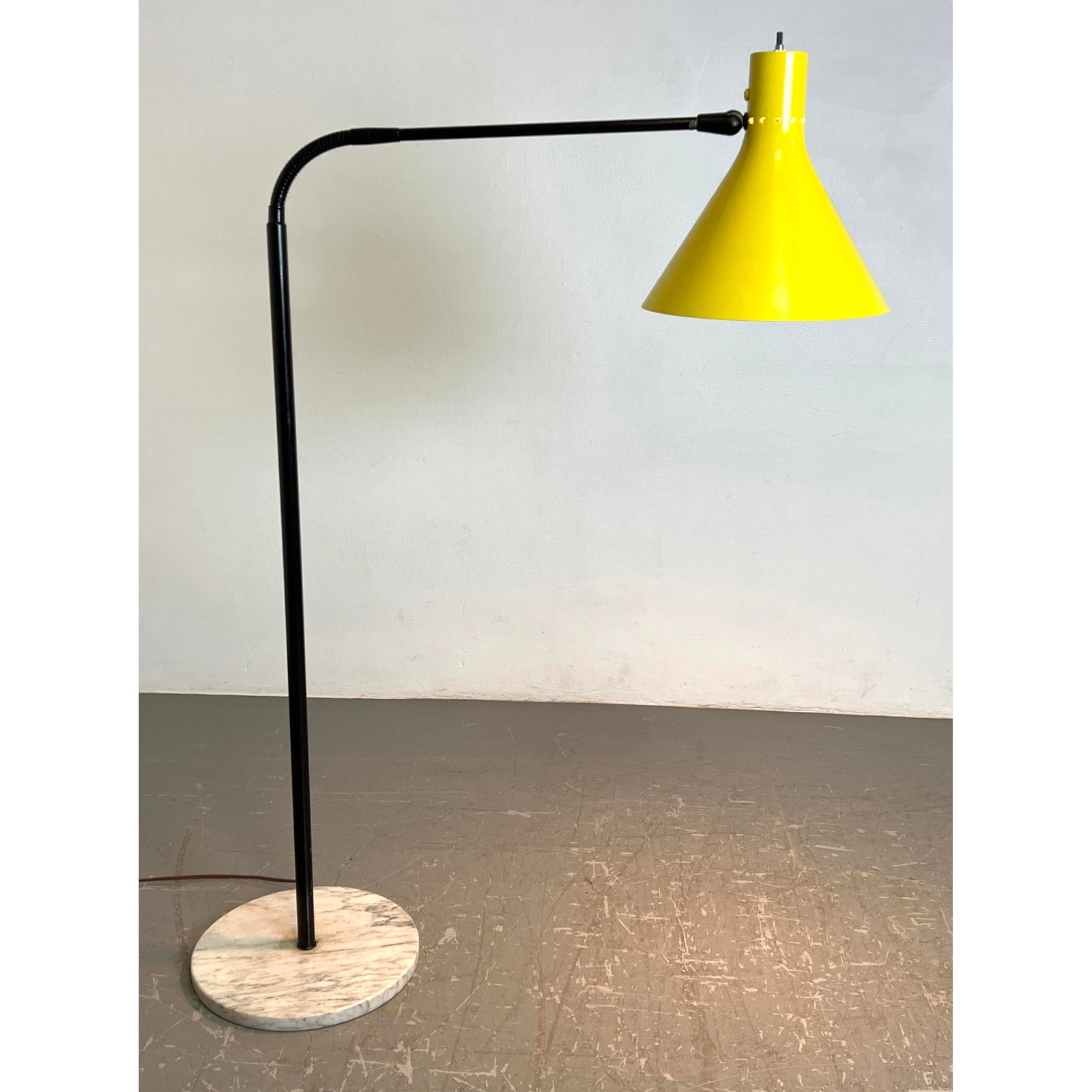 Bright enamel yellow cone metal shade floor lamp. Goose neck. Marble round base.: Bright enamel yellow cone metal shade floor lamp. Goose neck. Marble round base. Dimensions: Height: 54 inches, Width: 30 inches, Depth: 11 inches. --- We offer curbside delivery to NYC, Manhattan, Cl