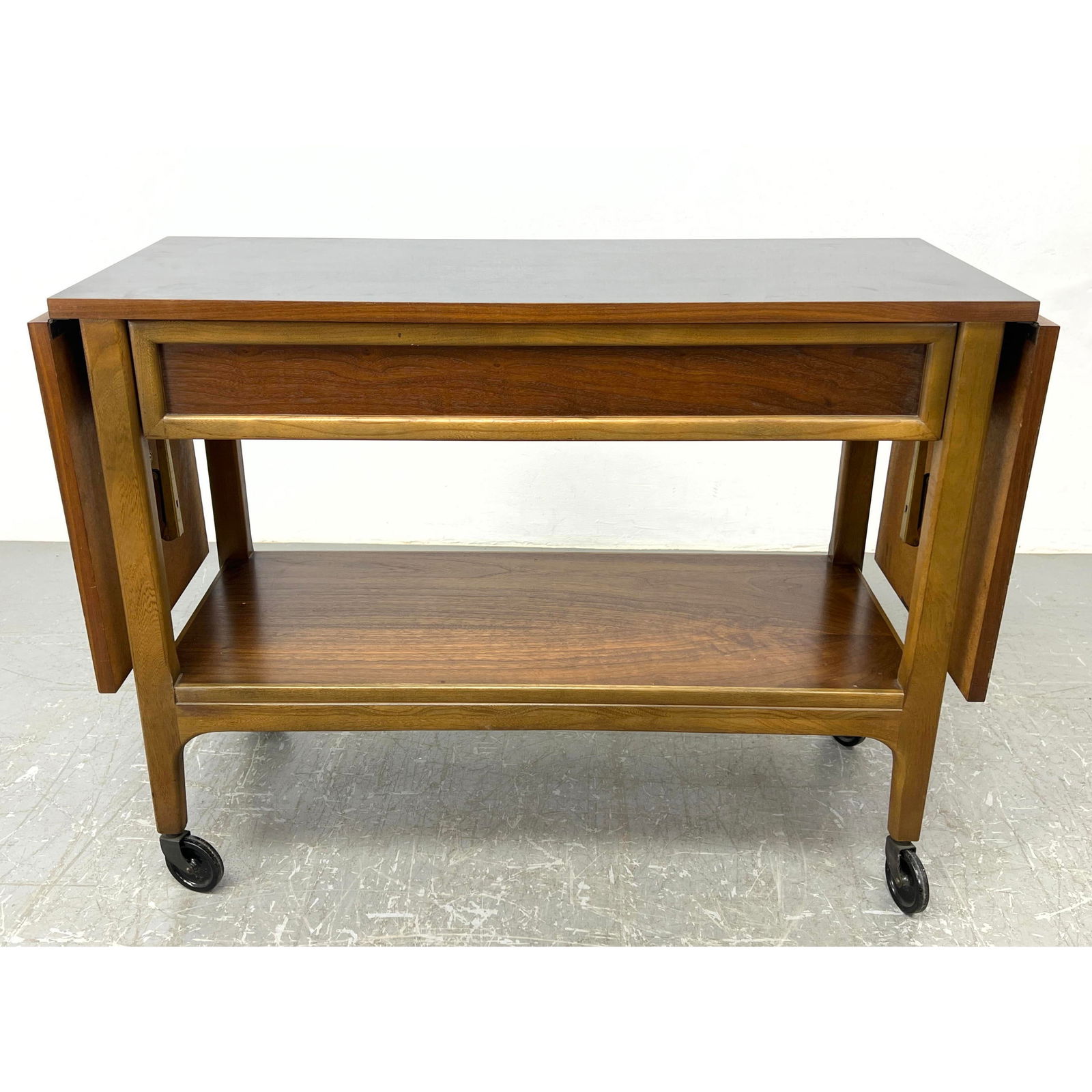 LANE Walnut Drop Side Rolling Serving Bar Cart. Top and 2 Drop Leafs have black laminate surface. Lo (1 of 12)