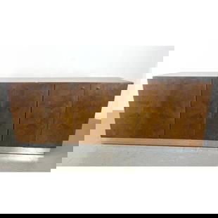 Milo Baughman Burl Wood Credenza Sideboard with Chrome Base. Unmarked.: Milo Baughman Burl Wood Credenza Sideboard with Chrome Base. Unmarked. Dimensions: Height: 33 inches, Width: 84 inches, Depth: 20 inches. --- We offer curbside delivery to NYC, Manhattan, Close Brookl