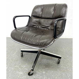 Charles Pollock for KNOLL Brown Leather Executive Chair. Rolling Desk Office Chair. KNOLL Label.: Charles Pollock for KNOLL Brown Leather Executive Chair. Rolling Desk Office Chair. KNOLL Label. Dimensions: Height: 32 inches, Width: 26 inches, Depth: 26 inches. - Seat Height: 18 inches --- We offe