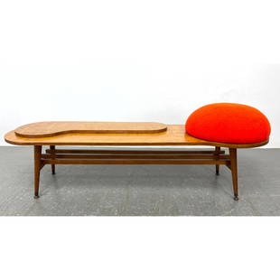 Modernist Wood Coffee Table Bench. Applied Boomerang Wood Top. Red Upholstered Round Pouf.: Modernist Wood Coffee Table Bench. Applied Boomerang Wood Top. Red Upholstered Round Pouf. Dimensions: Height: 21.5 inches, Width: 60 inches, Depth: 18 inches. --- We offer curbside delivery to NYC, M