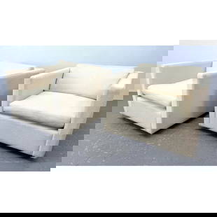 Pr Knoll Pfister Off White Lounge Chairs. Cube form Club Chairs on Short Metal Legs. Unmarked Knoll.: Pr Knoll Pfister Off White Lounge Chairs. Cube form Club Chairs on Short Metal Legs. Unmarked Knoll. with down filled cushions in the standard size. . Consigner note: Reupholstered in Knoll Cato wool