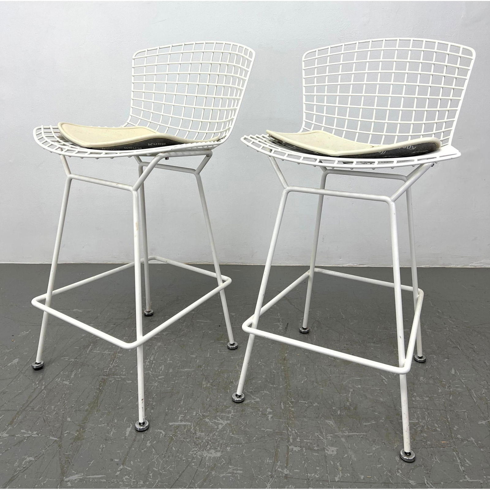 Pr HARRY BERTOIA for KNOLL Bar Stools. White Rod Frames. Beige Cushions. Marked. (1 of 10)