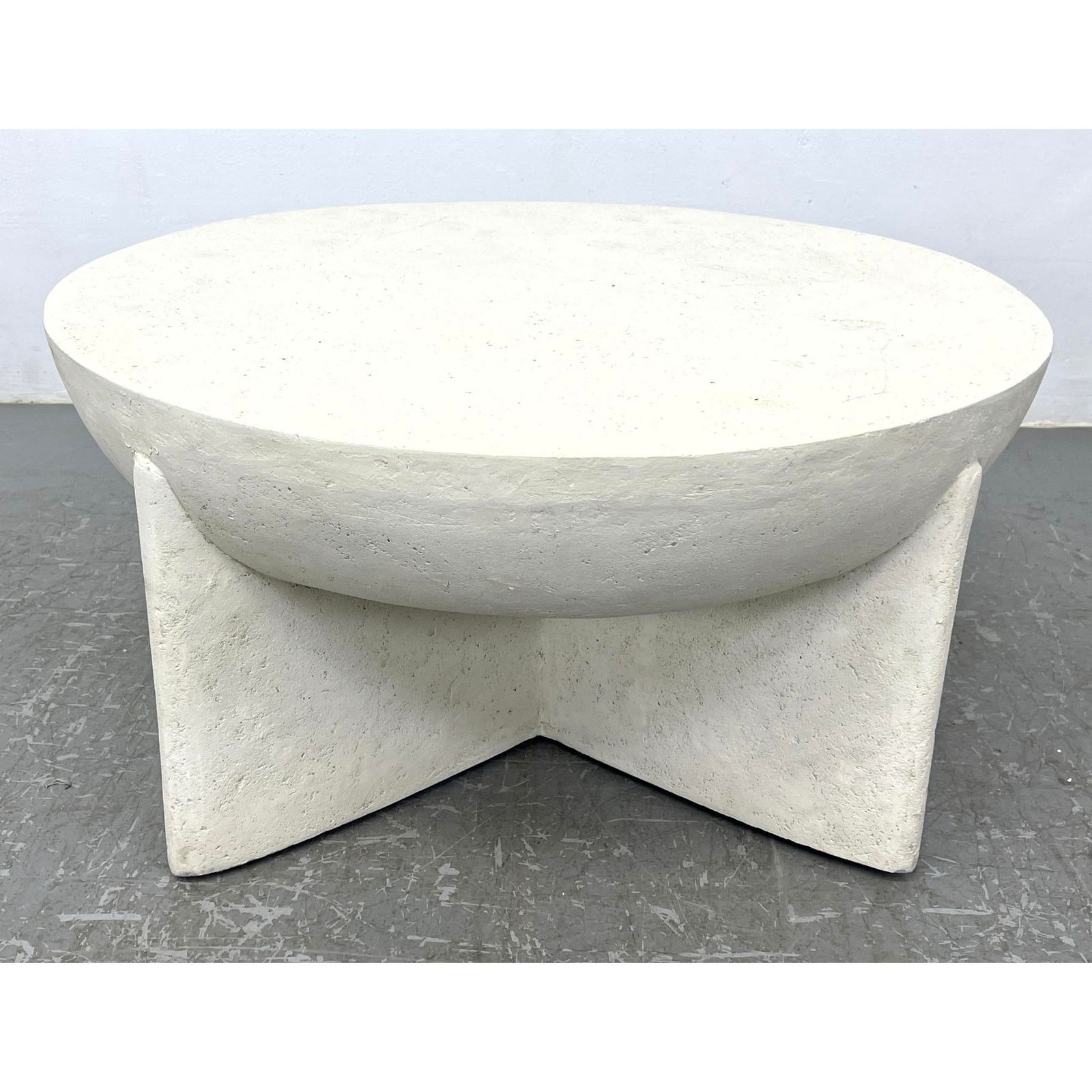 Michael Taylor Style Plaster Coffee Table. Round bowl shaped top on X form base. (1 of 7)