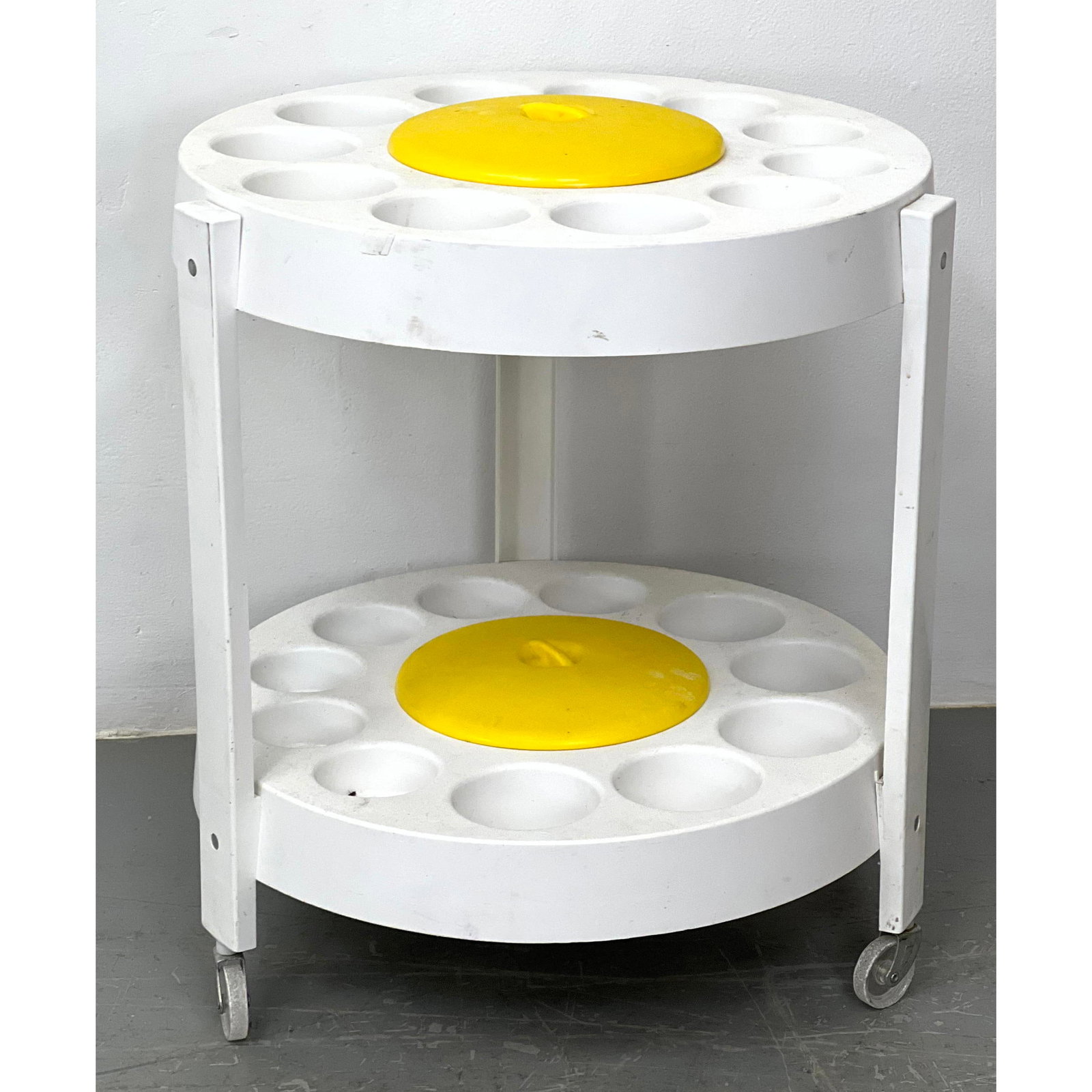 Sunny Side Up Egg Rolling Serving Cart. Two white molded plastic tiers with bright yellow center lid (1 of 8)