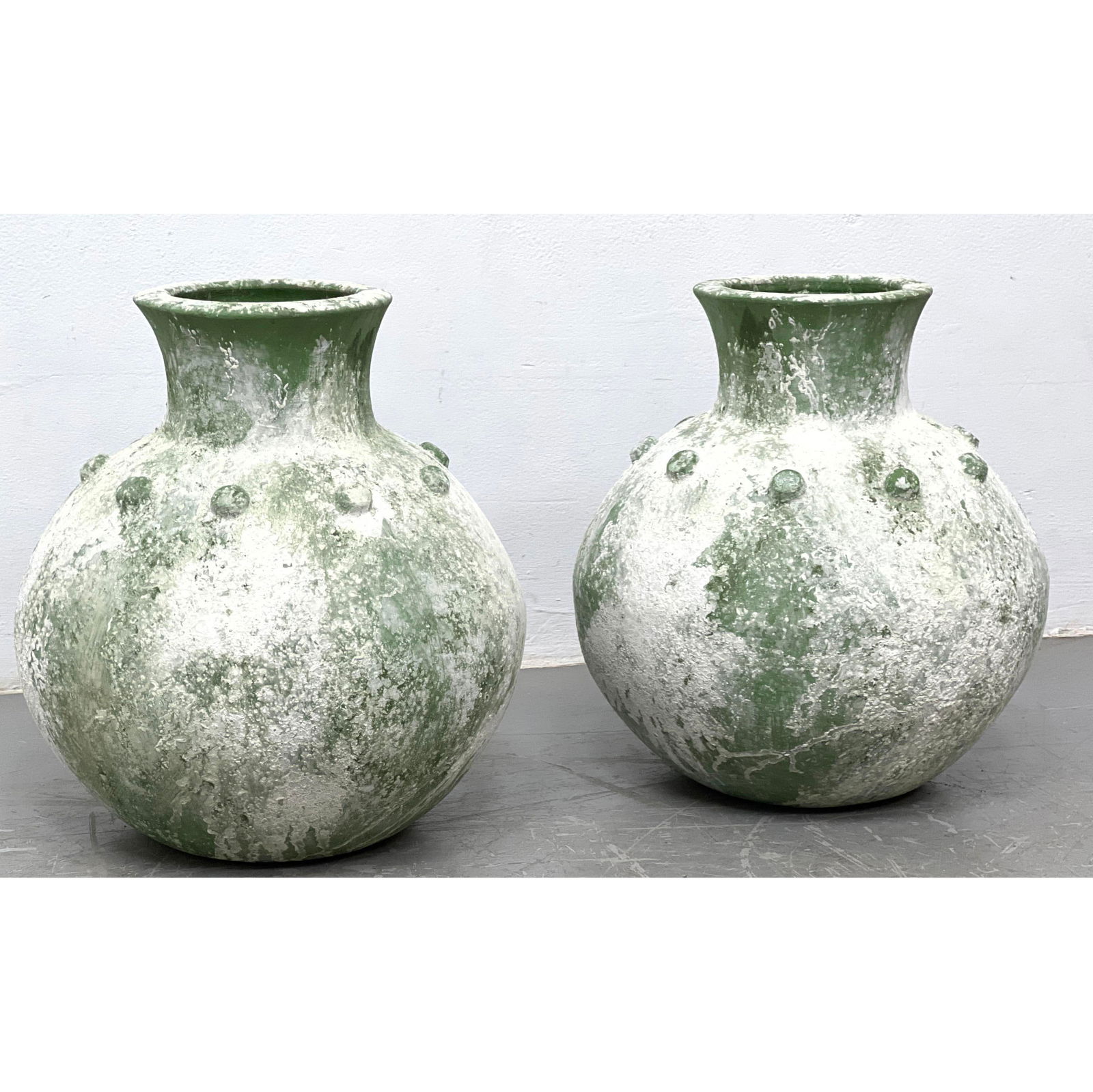 Pair bumpy greenish glaze terra cotta planter pots. (1 of 7)