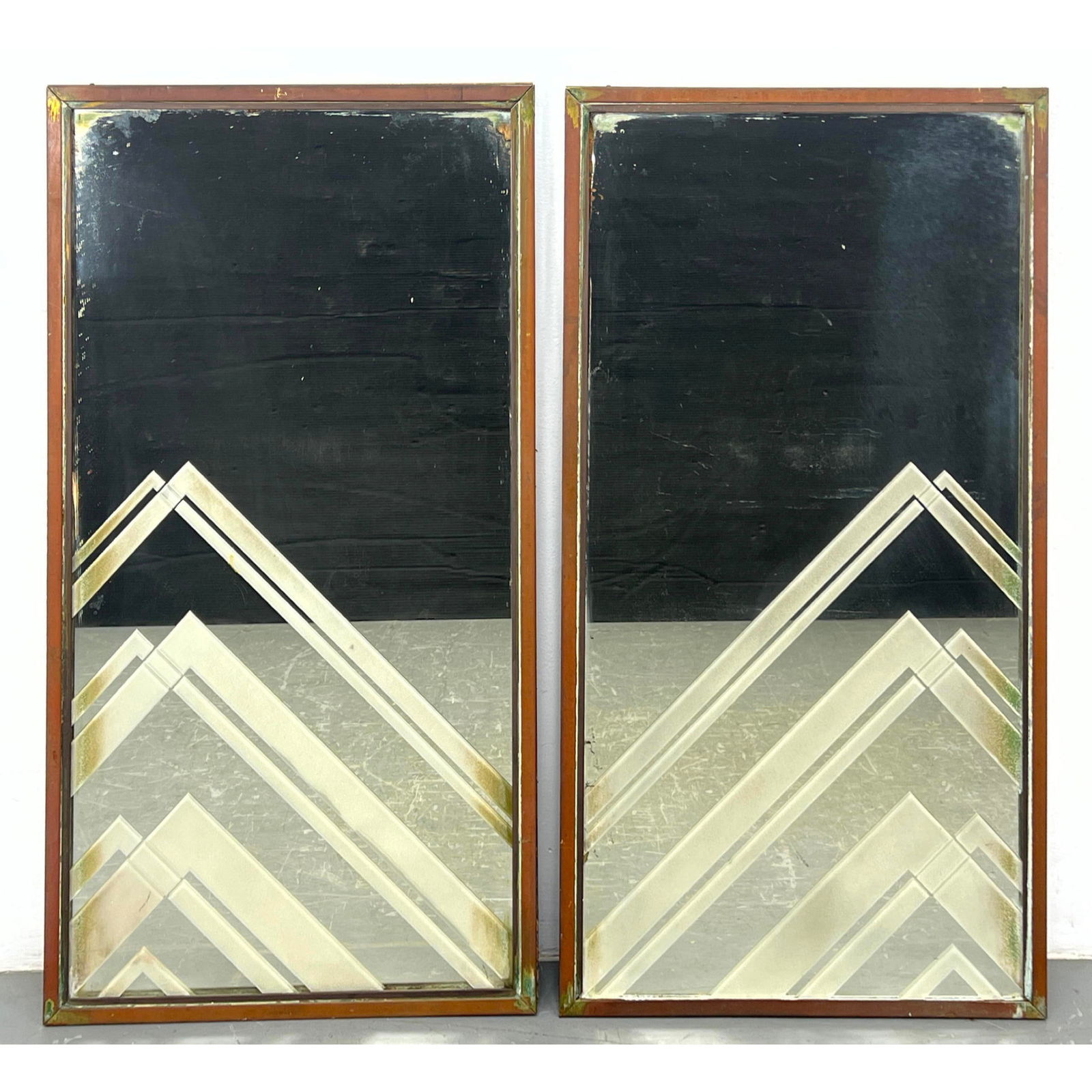 Pair Vintage Art Deco Wall Mirrors. Copper frames.  No hangers. (1 of 8)