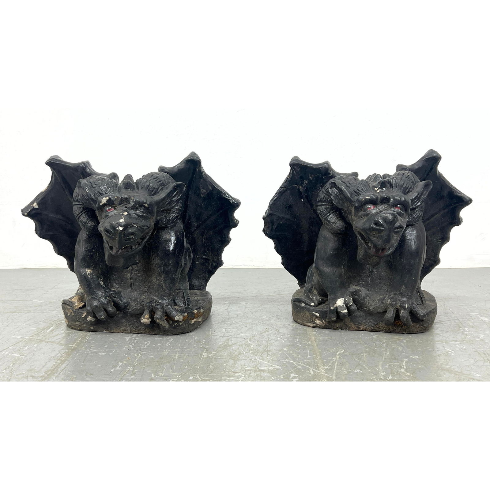 Pair Cement winged Gargoyle garden sculptures. Solid cement. Heavy. (1 of 16)