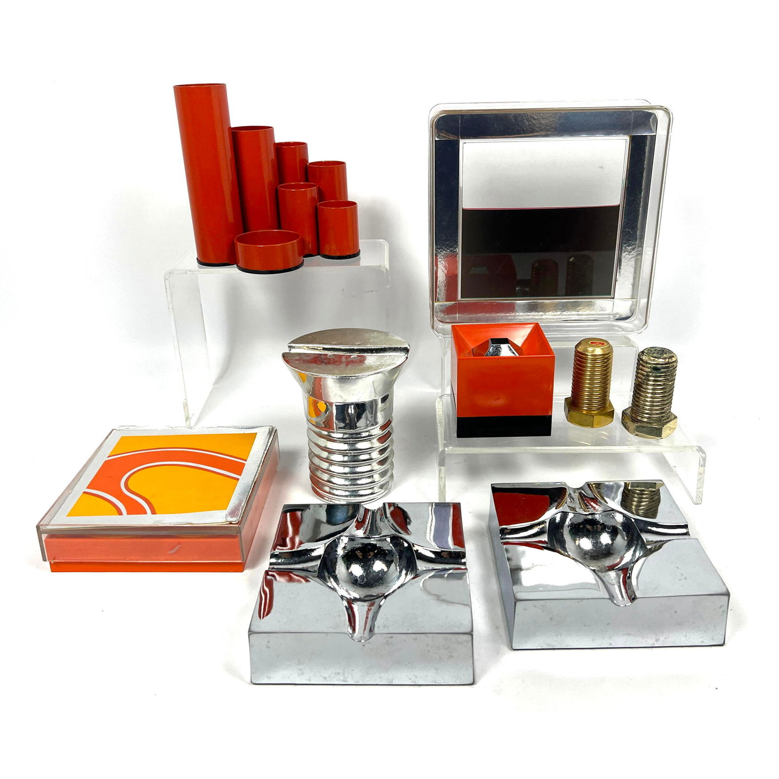 Collection of Mod Desk/Table Top Accessories. Ashtrays etc. Screw Paperweights. Colored Metal Items. (1 of 18)