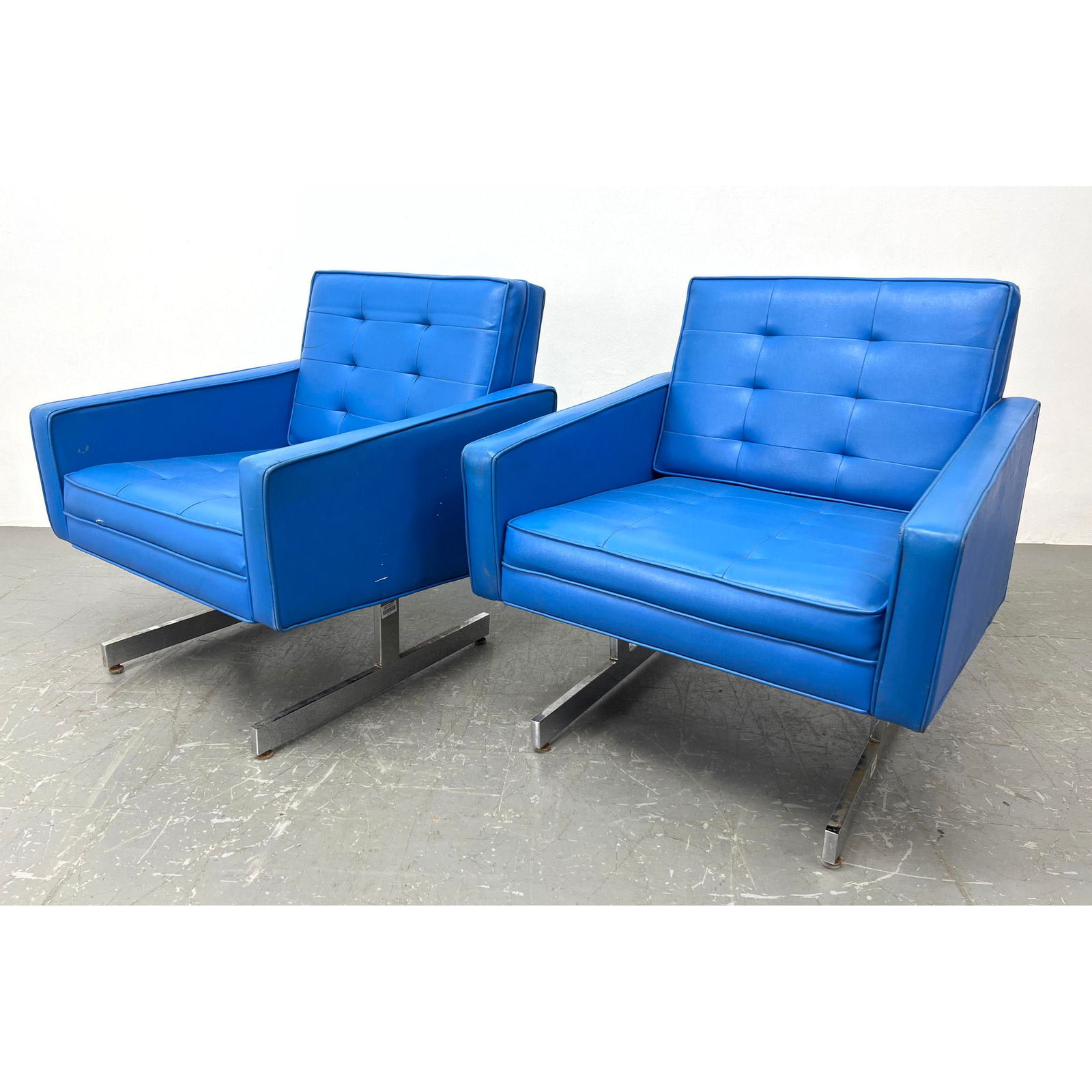 Pair Mid Century Modern Blue Vinyl Lunge Chairs.  Baughman Style Chrome Base. Arthur Gross. (1 of 12)