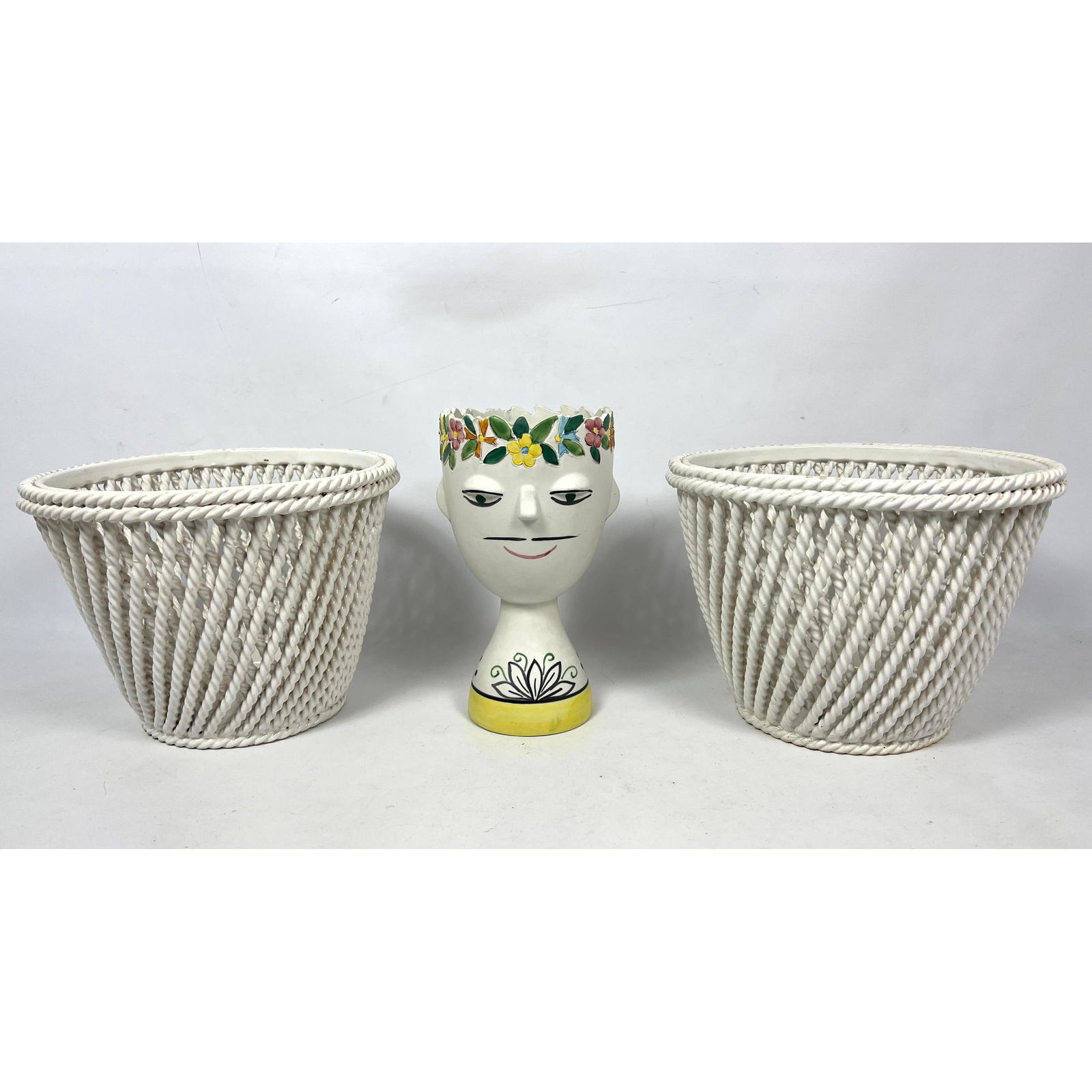 Italian Pottery Planters Lot. Painted figural Head Form Vase, Twisted rope design Planters. (1 of 16)
