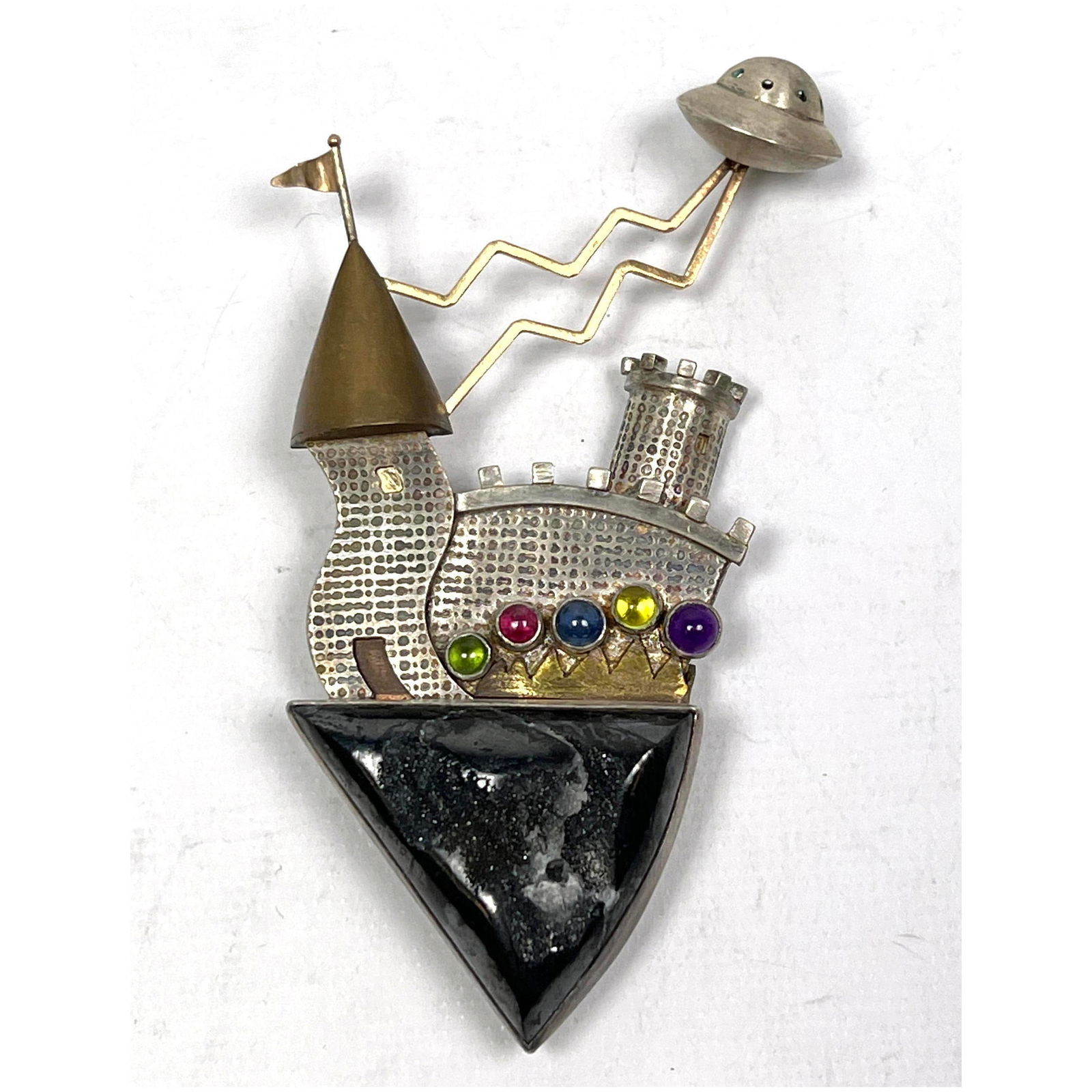 YUMI UENO Sterling Silver Castle, UFO Brooch. Artisan Studio. Modernist Figural Castle and Turret Pi (1 of 10)