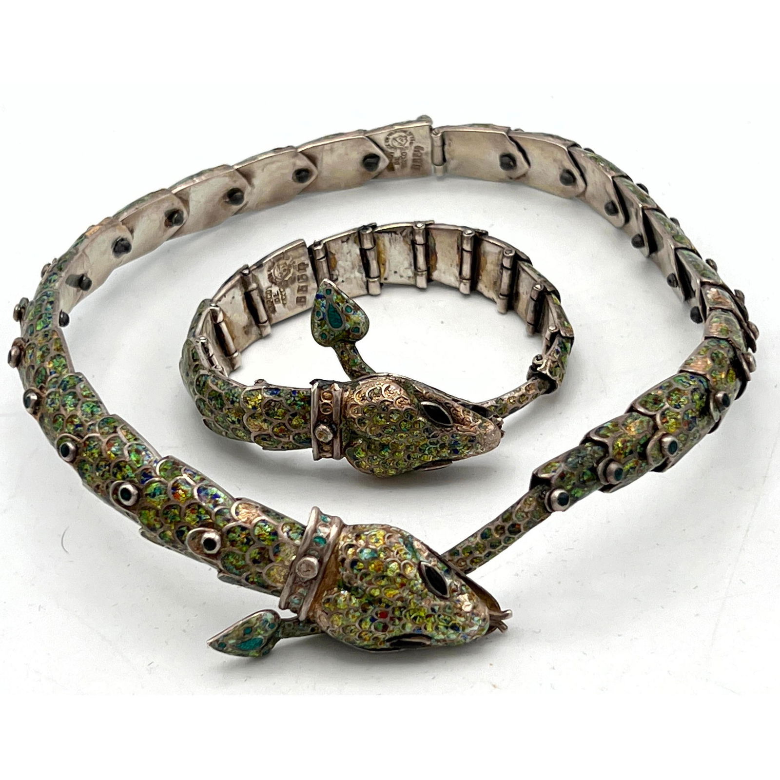 2pc MARGOT of TAXCO Enamel Snake Necklace Bracelet. Sterling Silver. Intricate Hinged Design. Marked (1 of 11)