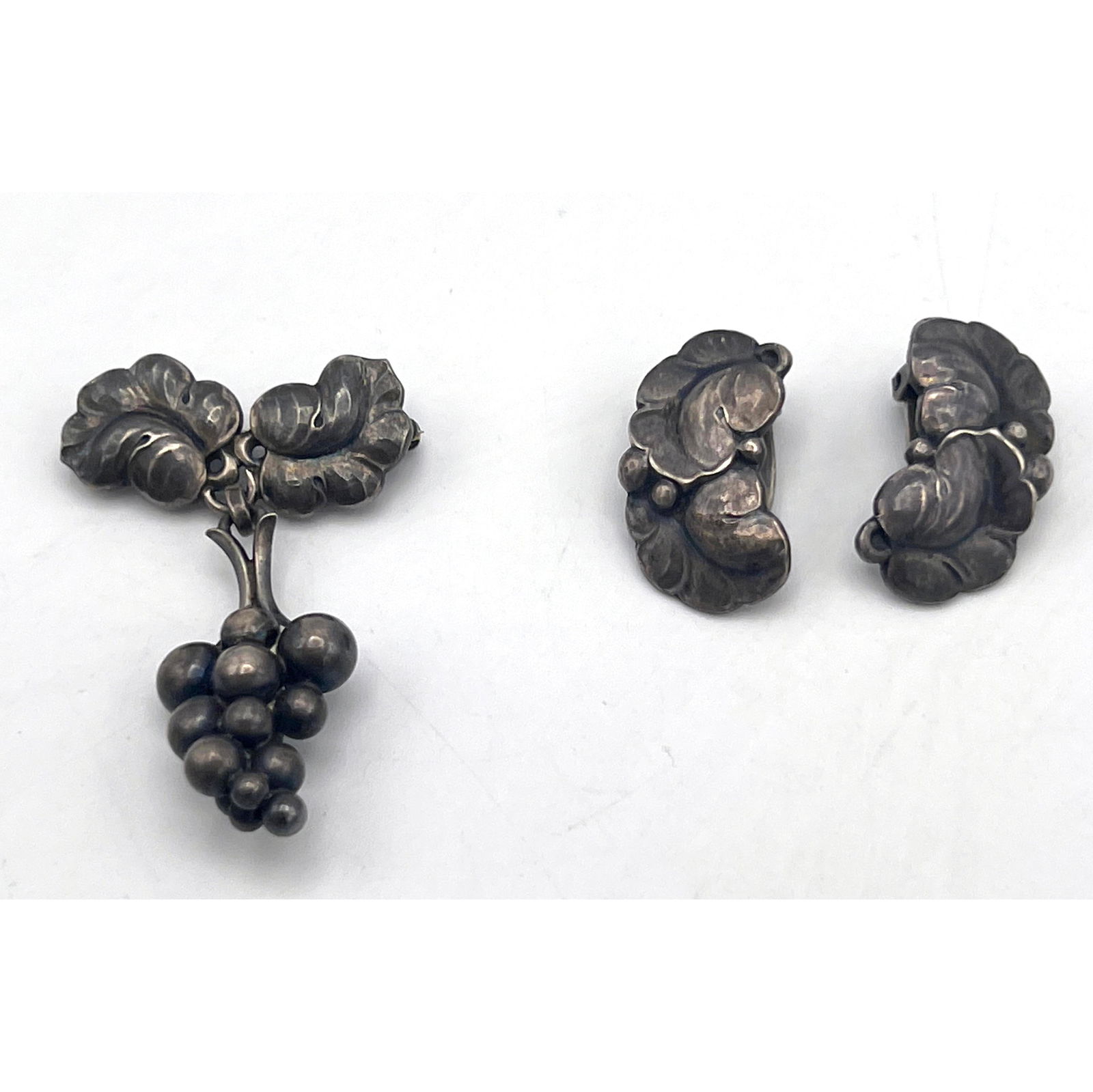 Vintage GEORG JENSEN Sterling Grape Pin, Earrings. Leaf pin with grape bunch dangle; #217. Earrings (1 of 8)