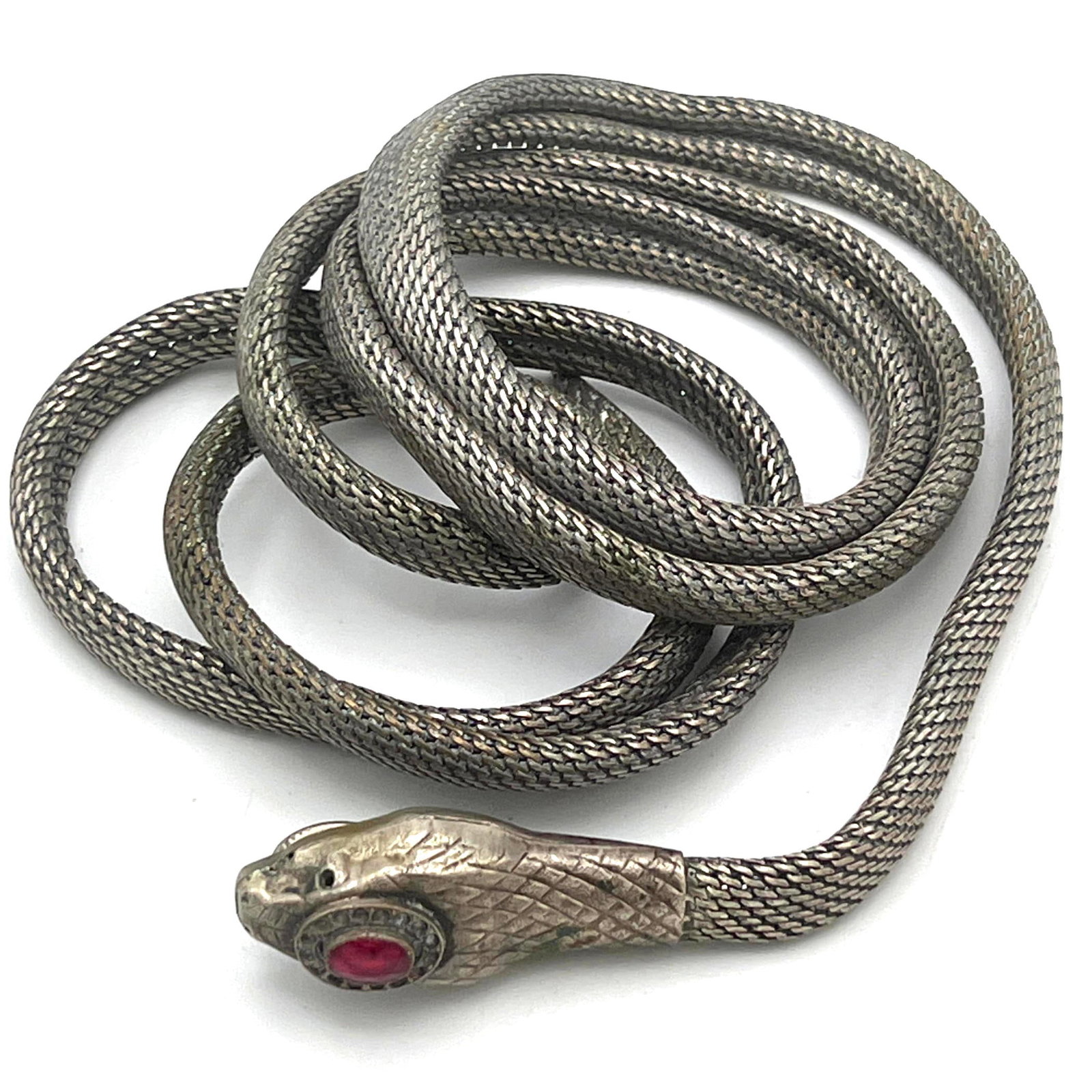 Silvertone Vintage Snake Belt with Jeweled Head. Flexible metal.: Silvertone Vintage Snake Belt with Jeweled Head. Flexible metal. Dimensions: Height: 1 inches, Width: 54 inches. : L: 54 inches. --- US Packing and Shipping charge: Jewelry Flat Rate combined Shipping