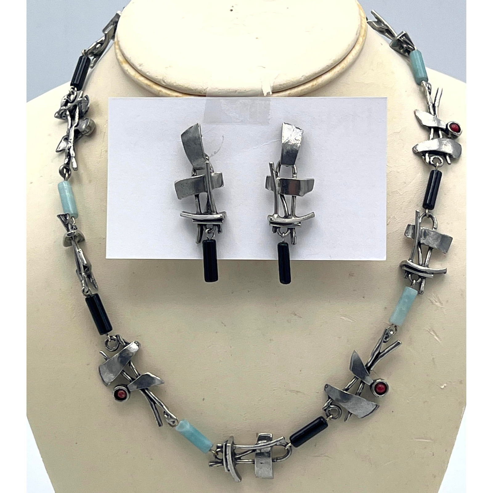 Artisan Studio Signed Silver Necklace Earrings. Hand Crafted brutalist set with colored stones and b (1 of 9)