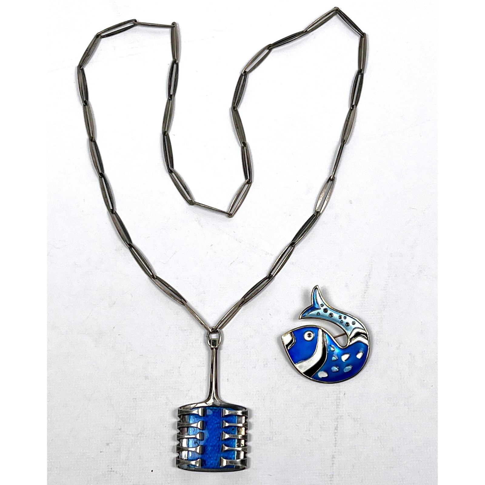 2pc DAVID ANDERSON Enamel Jewelry. Modernist Enamel Pendant on Sterling Elongated Link Chain Necklac (1 of 13)