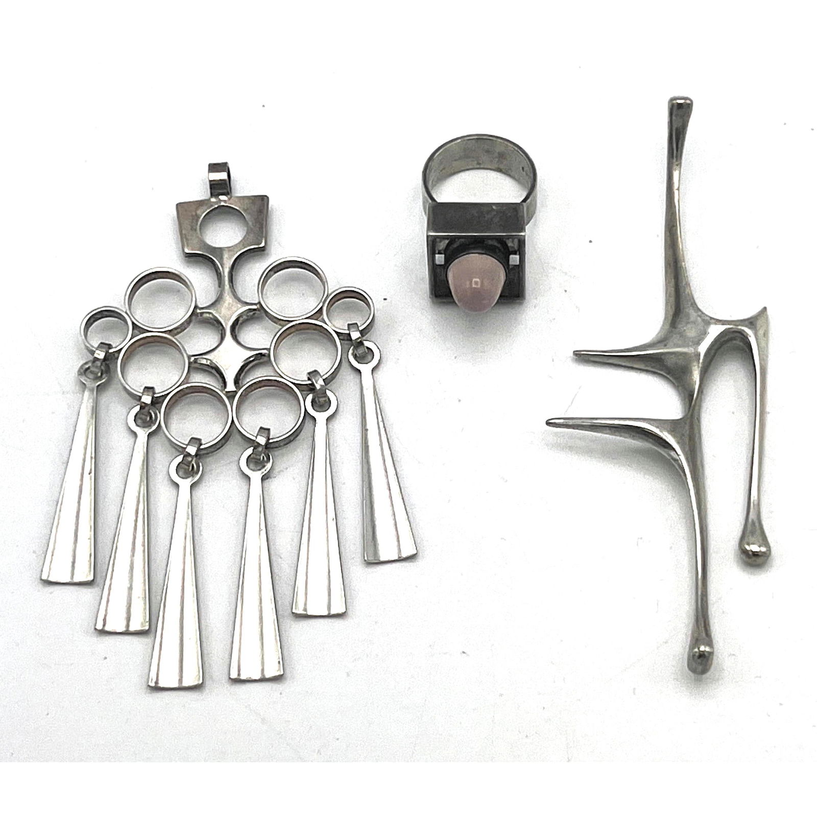 3pc Sterling Silver Modernist Jewelry. DAVID ANDERSON Dangle Pendant. N E FROM Sterling Rose Quartz (1 of 16)