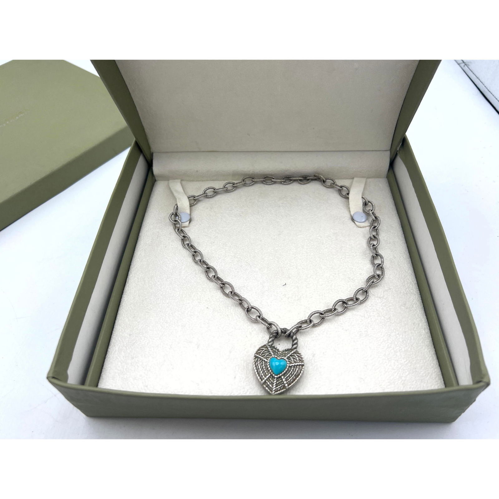 JUDITH RIPKA Sterling Turquoise Heart Necklace. Heart Locket Charm on Ripka signature chain. Designe (1 of 6)