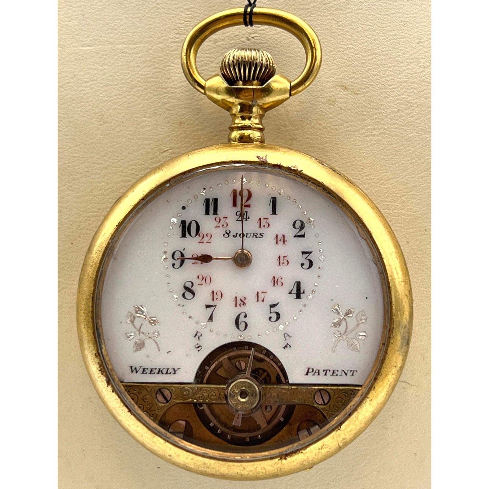 Gold Plated Hebdomas "Weekly" "8 Jours" Pocket Watch. Enamel face. Runs, then stops. (1 of 9)