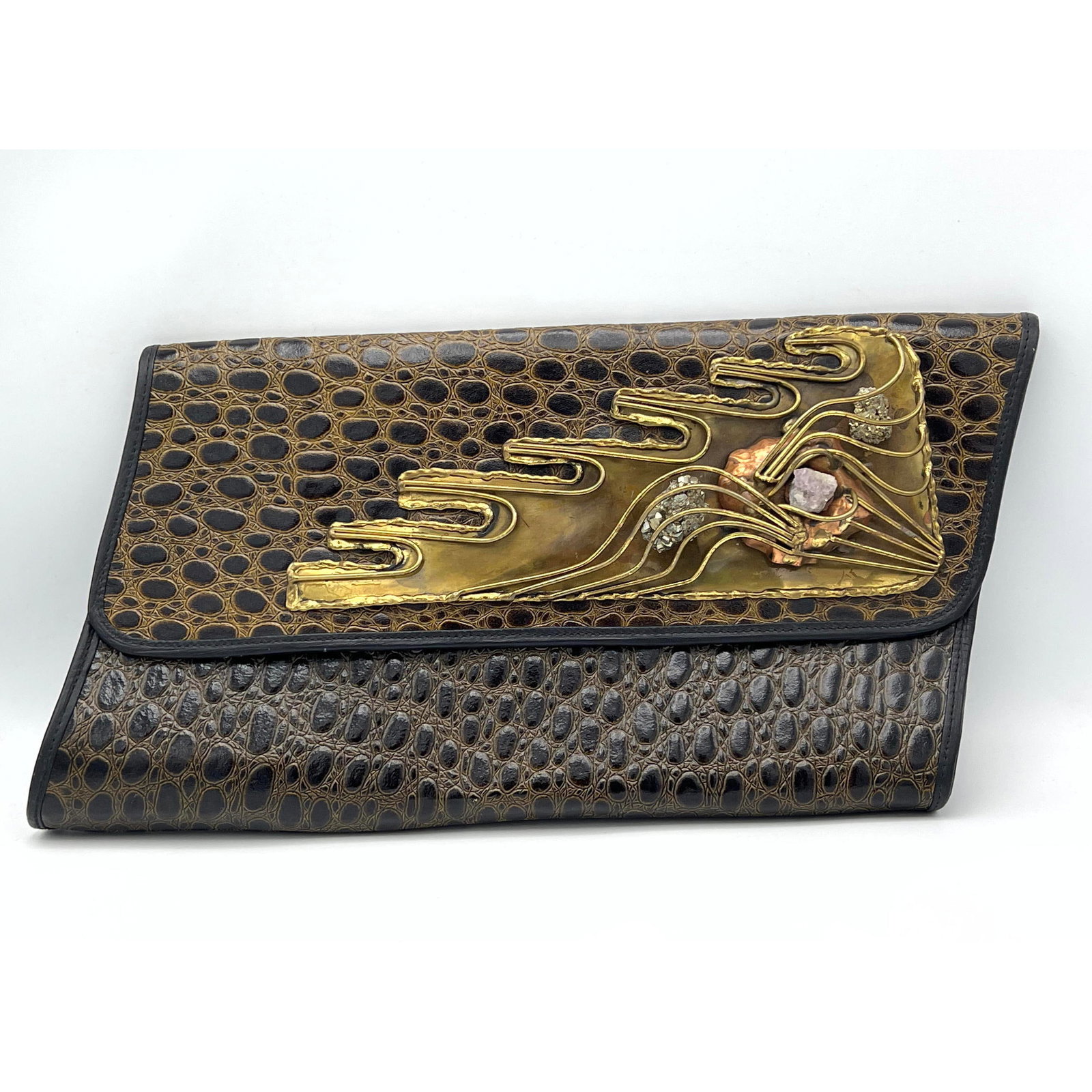 Francine faux gator purse with studio brass copper and mineral decoration. Atlantic City NJ.: Francine faux gator purse with studio brass copper and mineral decoration. Atlantic City NJ. Dimensions: Height: 8.5 inches, Width: 15.5 inches, Depth: 1.5 inches. --- US Packing and Shipping charge: 
