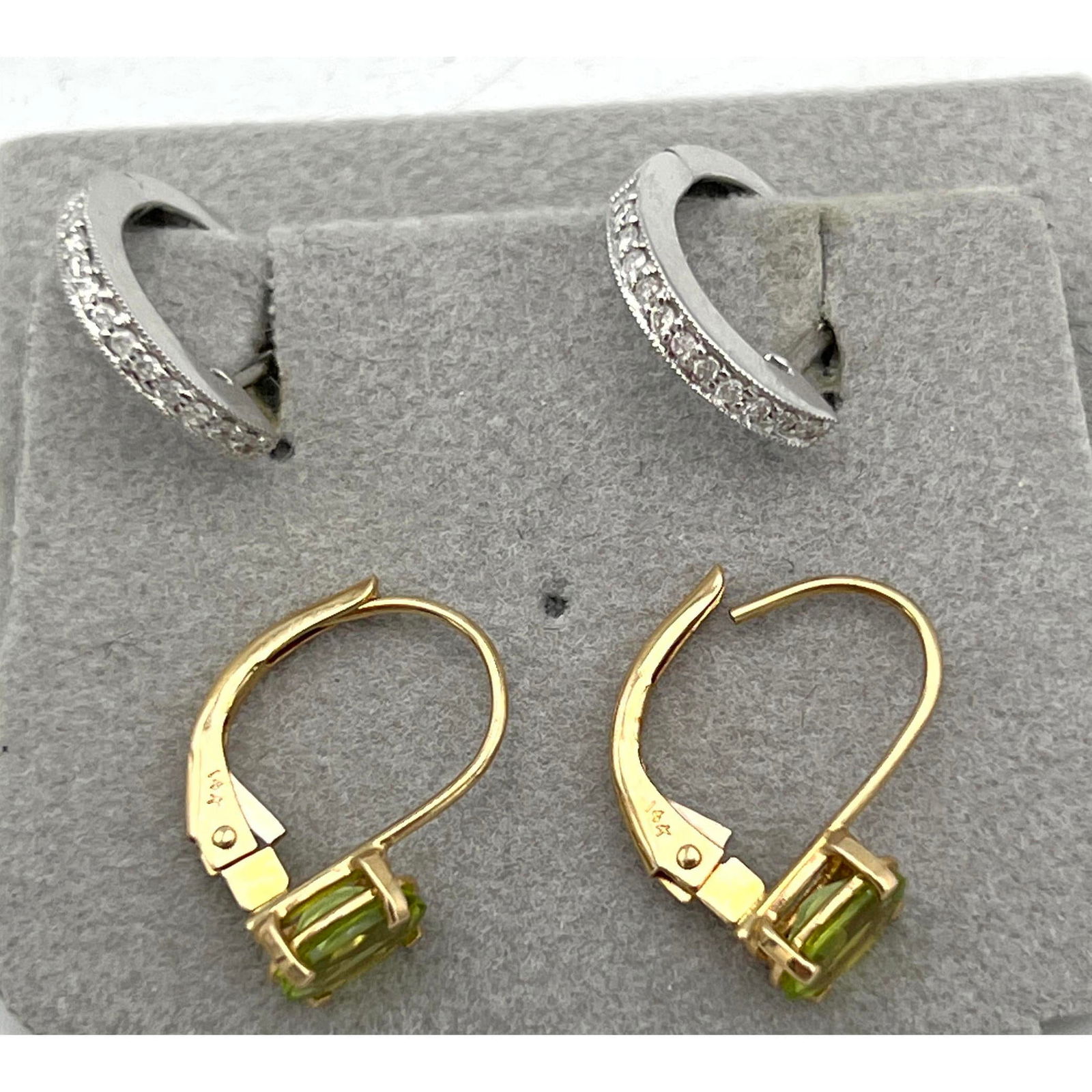 2 Pr 14K Gold Small Earrings. 1). Peridot Earrings. Small WG hoop Earrings with small diamonds. Mark (1 of 5)